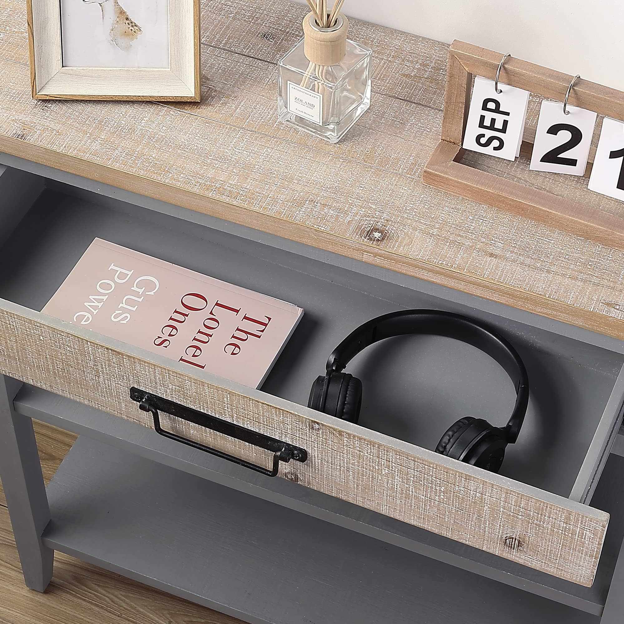 Rustic Farmhouse Console Table with Drawer - 3-Tier Entryway Table with Open Storage Shelves & Handmade Metal Handle - Narrow Sofa Table for Living Room, Hallway, Foyer - Perfect for Small Spaces & Home Decor (Grey)