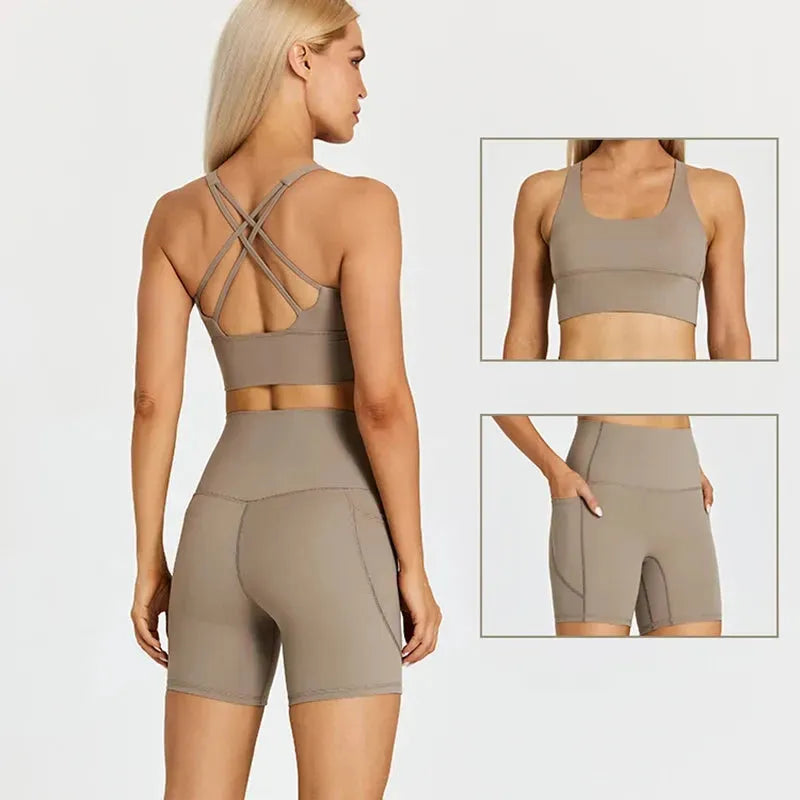 ABS LOLI Pockets Yoga Shorts Set for Women - 2 Piece High Waist Workout Outfit with Side Pockets | Gym Wear, Running Shorts & Sports Clothes | Perfect for Yoga, Fitness Training & Casual Athleisure Wear