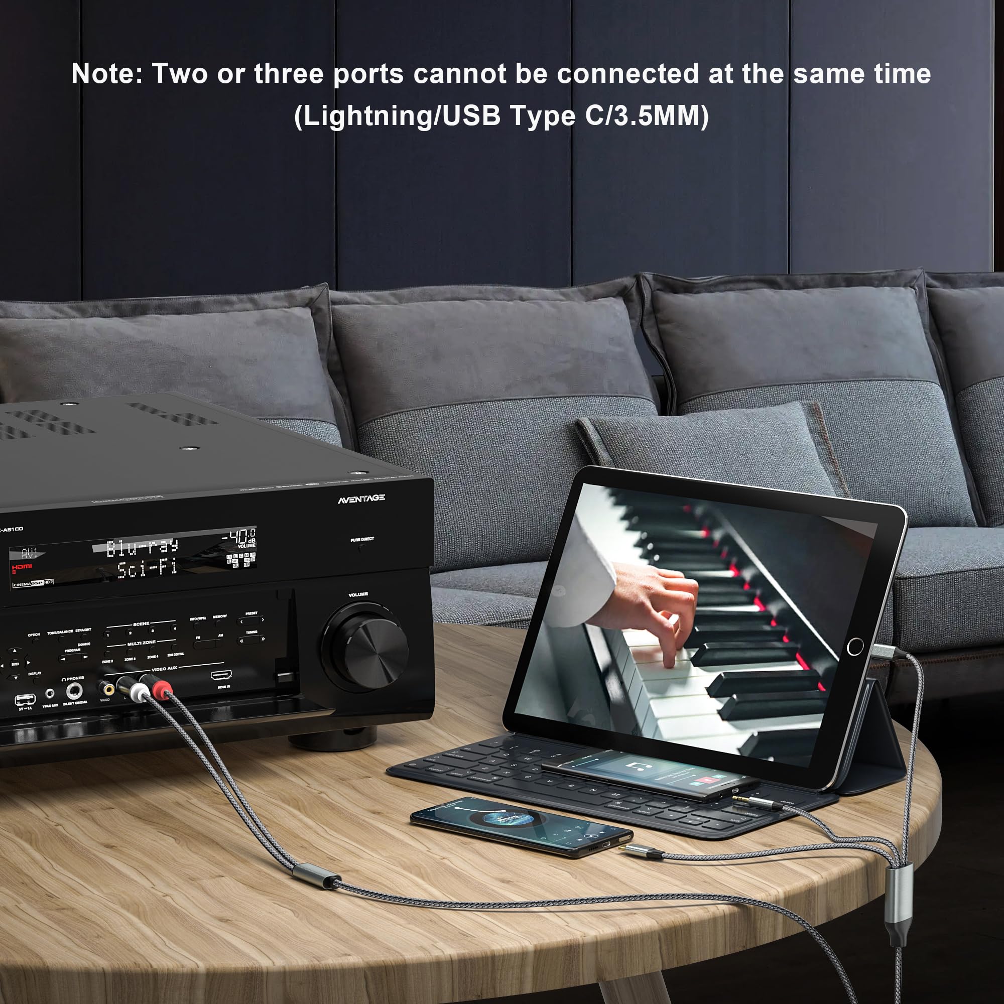 Lightning to RCA Cable Audio Aux Adapter (2.3M) - RCA to 3.5mm Cable, USB C to 2 RCA Audio Cable (3-in-1 Audio Cable) for Power Amplifier, Car Stereo, Home Theater, Speaker System - Compatible with iPhone, iPad, Mac - Perfect for Music Streaming, DJ Mixing & Home Audio Setup