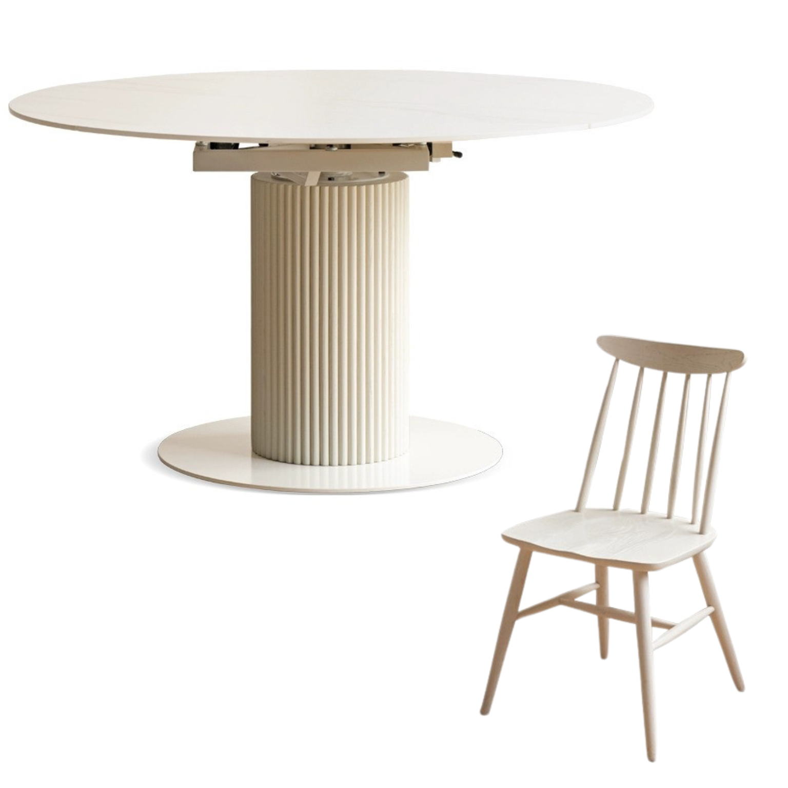 Solid Oak Wood Round Extendable Dining Table with Rock Plate Design - Cream Finish for Modern Dining Room & Kitchen Decor