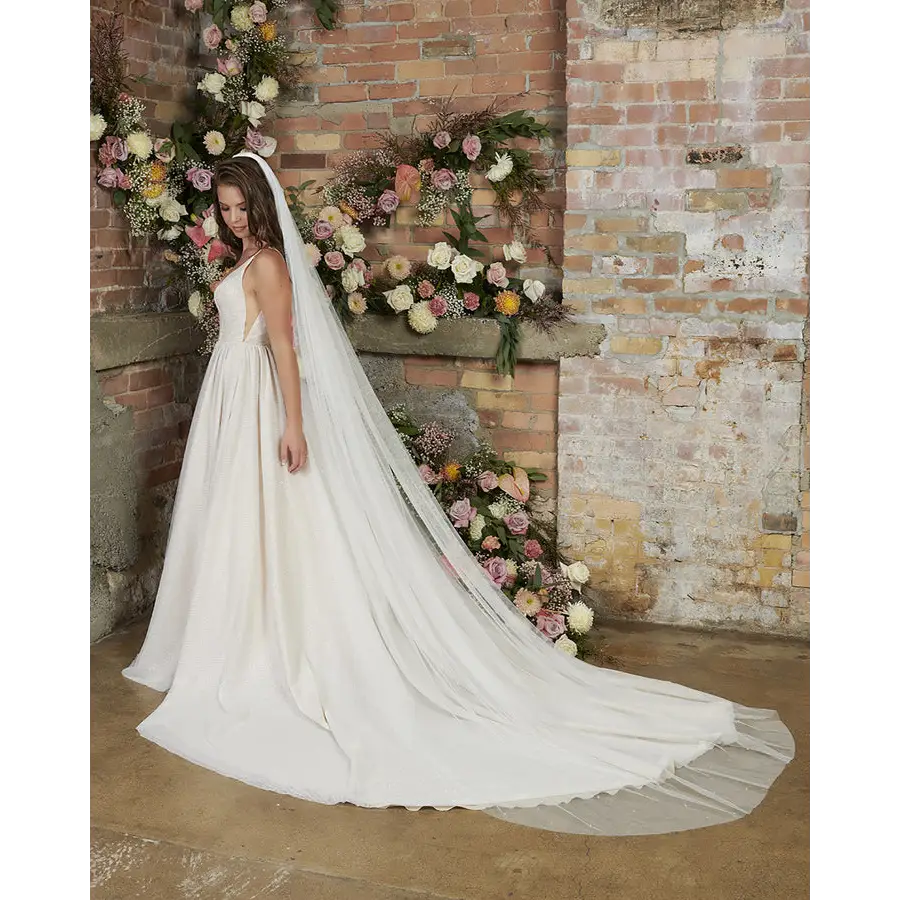 Elegant Cathedral Bridal Veil V2293C - Long Wedding Veil with Lace Trim for Bride, Perfect for Church Ceremony & Formal Weddings