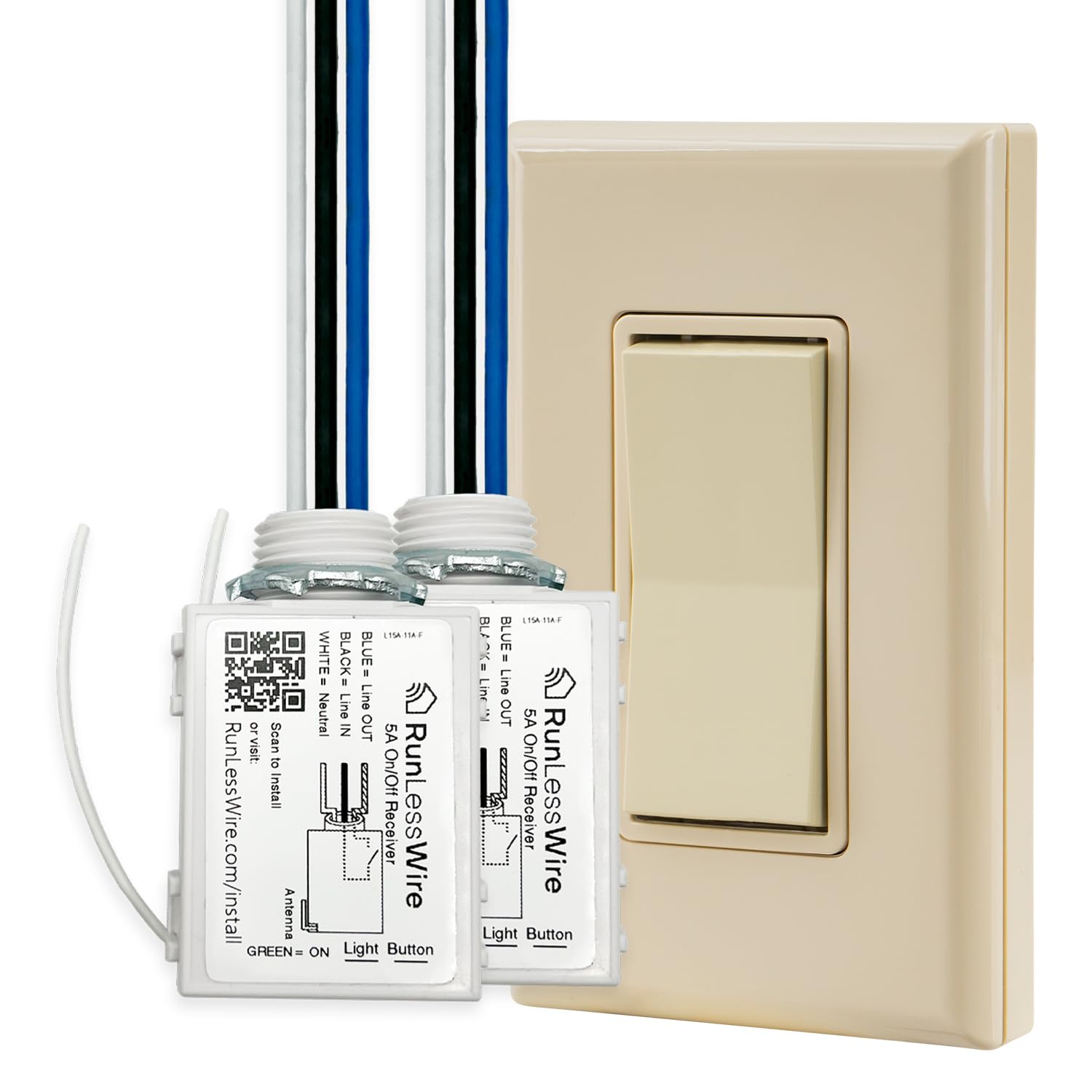 RunLessWire 2 Fixture Remote Light Switch Kit - Wireless, Battery-Free, Self-Powered Kinetic DIY Wall Switch - 150ft RF Range - Includes 2 On/Off Receivers & 1 Switch - Light Almond - Perfect for Bedrooms, Living Rooms & Home Automation