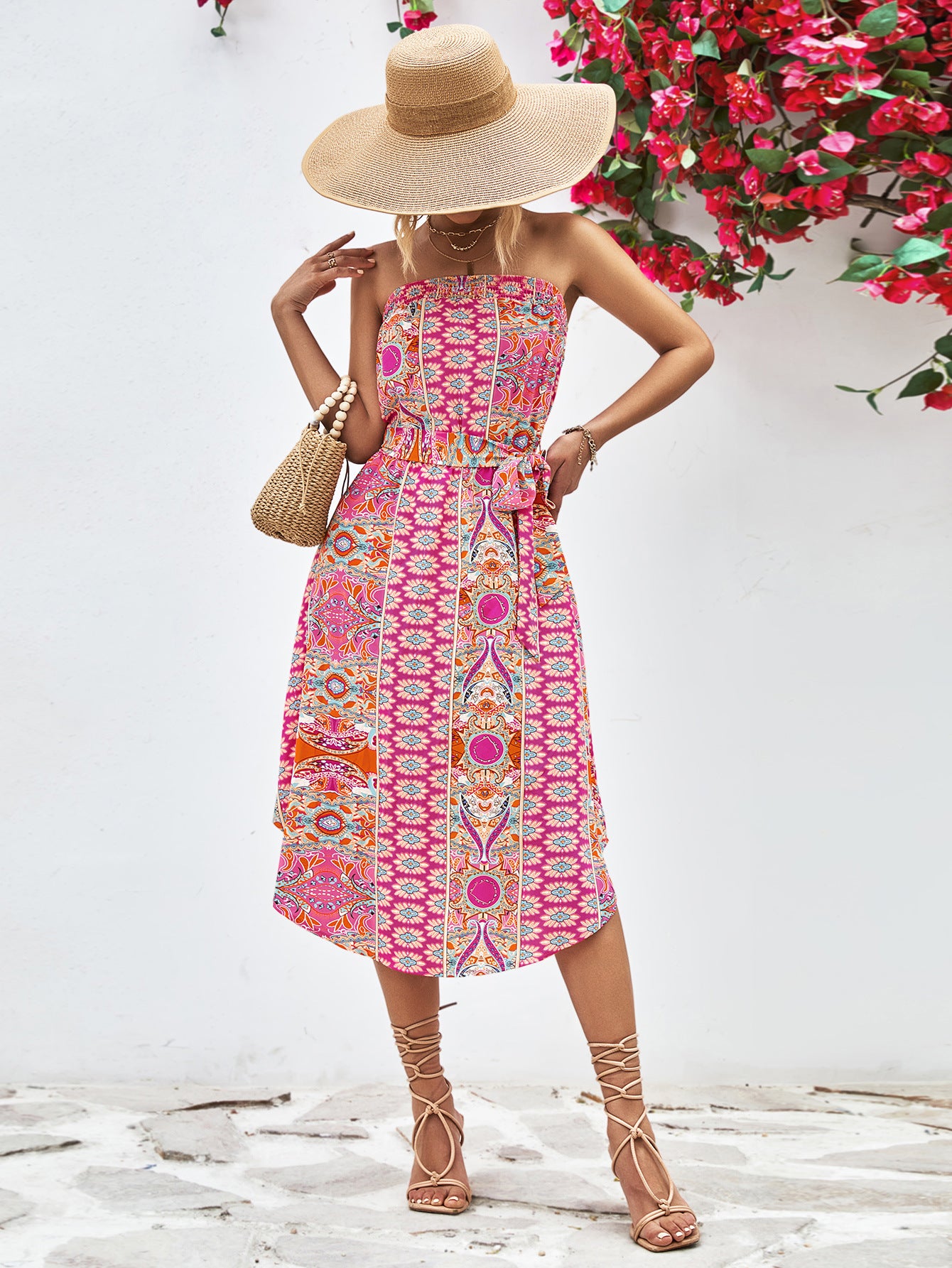Stylish Printed Strapless Tie Belt Dress for Women - Perfect for Summer Parties, Weddings & Beach Vacations