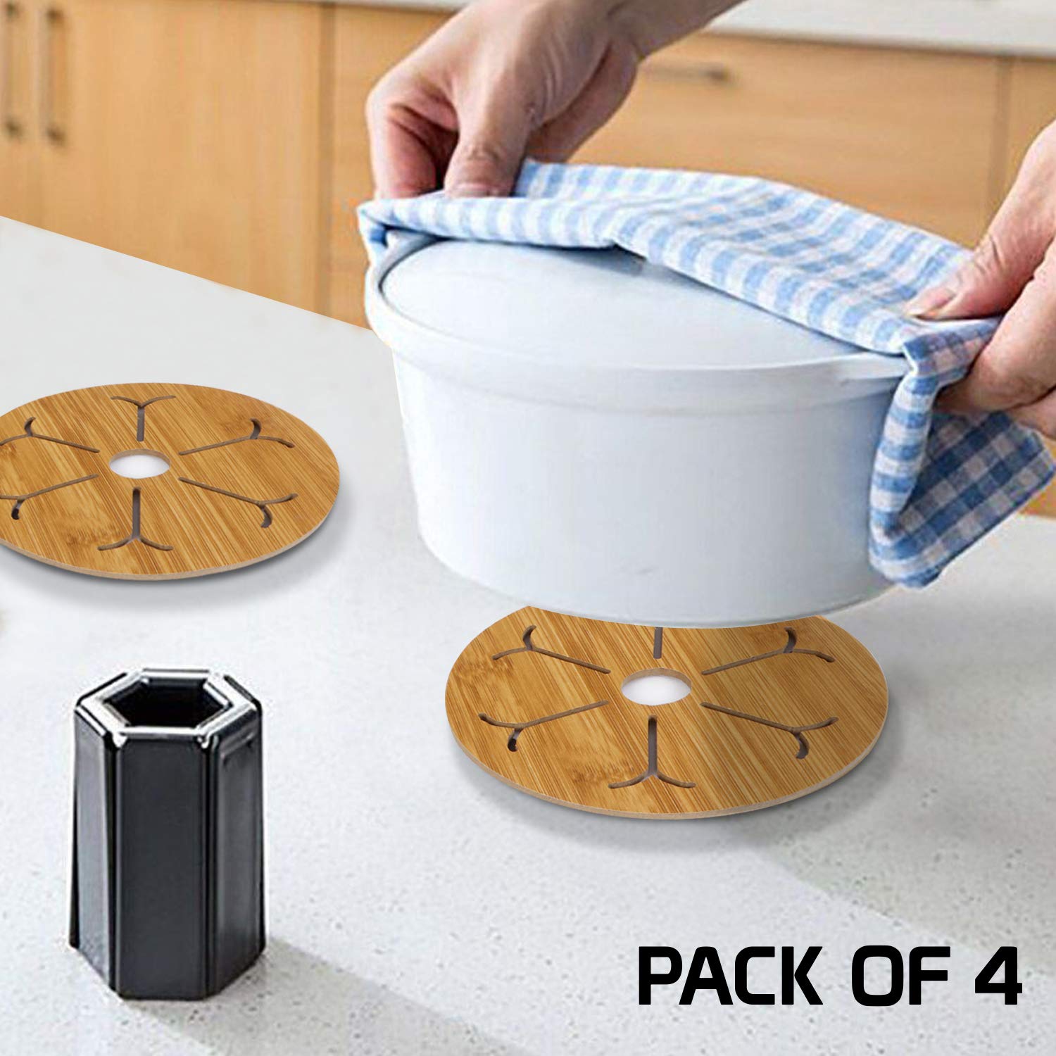 HOKIPO® 4-Pack Eco-Friendly Bamboo Wooden Coasters - Heat Resistant Drink & Pan Pot Holders for Dining Table, Kitchen, Office - Natural Home Decor & Kitchen Accessories