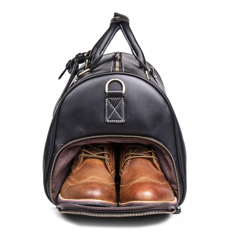 Premium Genuine Leather Travel Duffle Bag for Men - Vintage Retro Carry-On Hand Luggage (Black) - Ideal for Business Trips, Gym, Weekend Getaways & Airplane Travel