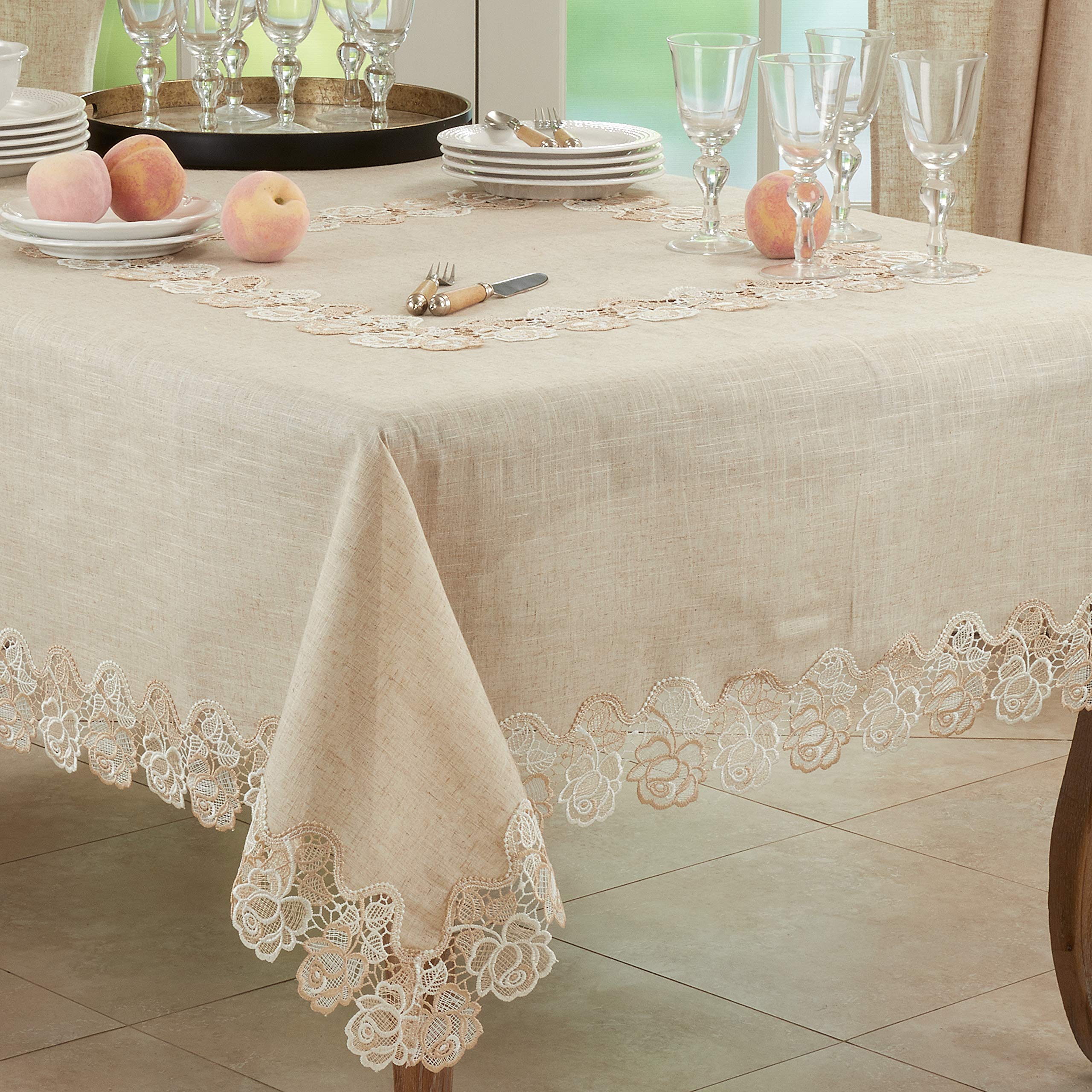 SARO LIFESTYLE Celeste Collection 72-inch Natural Lace Rose Border Tablecloth - Elegant Dining Decor for Weddings, Parties & Home Decor