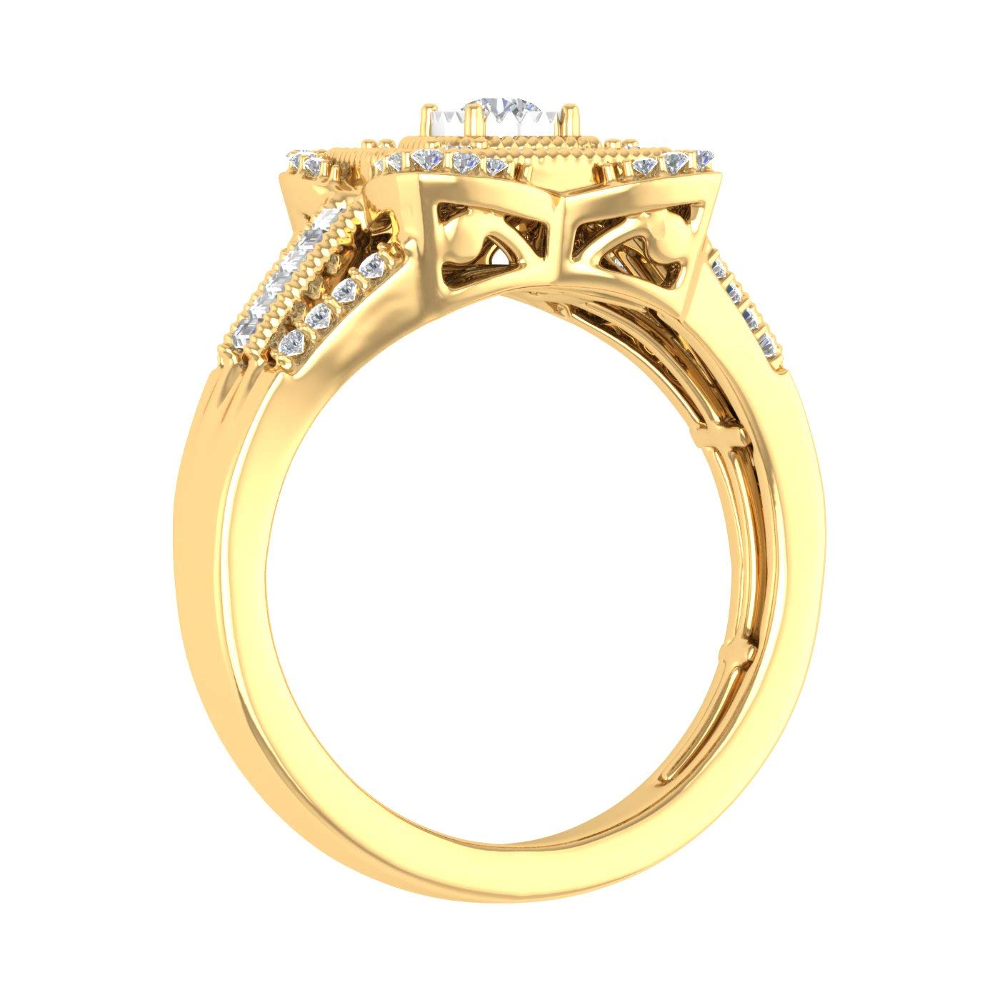 1/2 Carat Round & Baguette Diamond Halo Ring in 10K Gold - Elegant Cushion Engagement Ring for Women, Perfect for Proposals, Anniversaries & Special Occasions