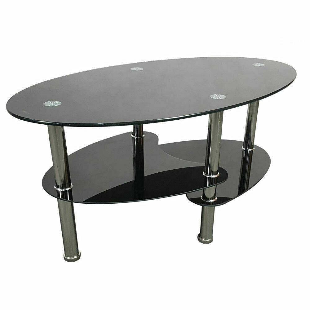 Modern Black Glass Oval Coffee Table with Chrome Base - Stylish Side Shelf & Lift Top Design for Living Room, Lounge, or Office - Durable & Elegant Home Decor Furniture