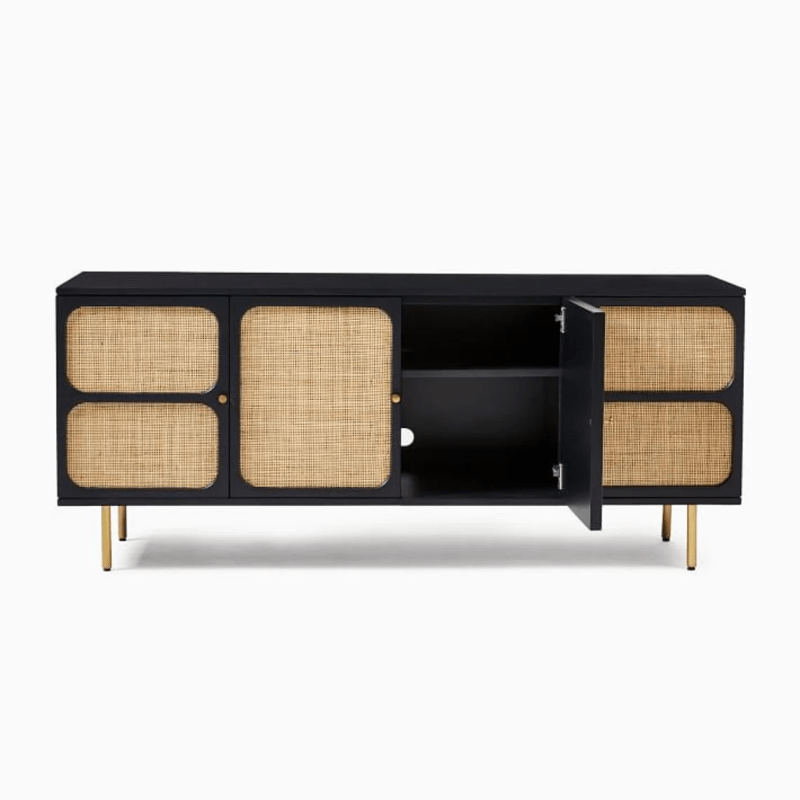 Solid Wood & Woven Black Media Console with Gold Metal Base - Modern Indian Cane TV Stand for Living Room | Entertainment Center with Storage Shelves | Perfect for Home Theater Setup & Living Room Organization