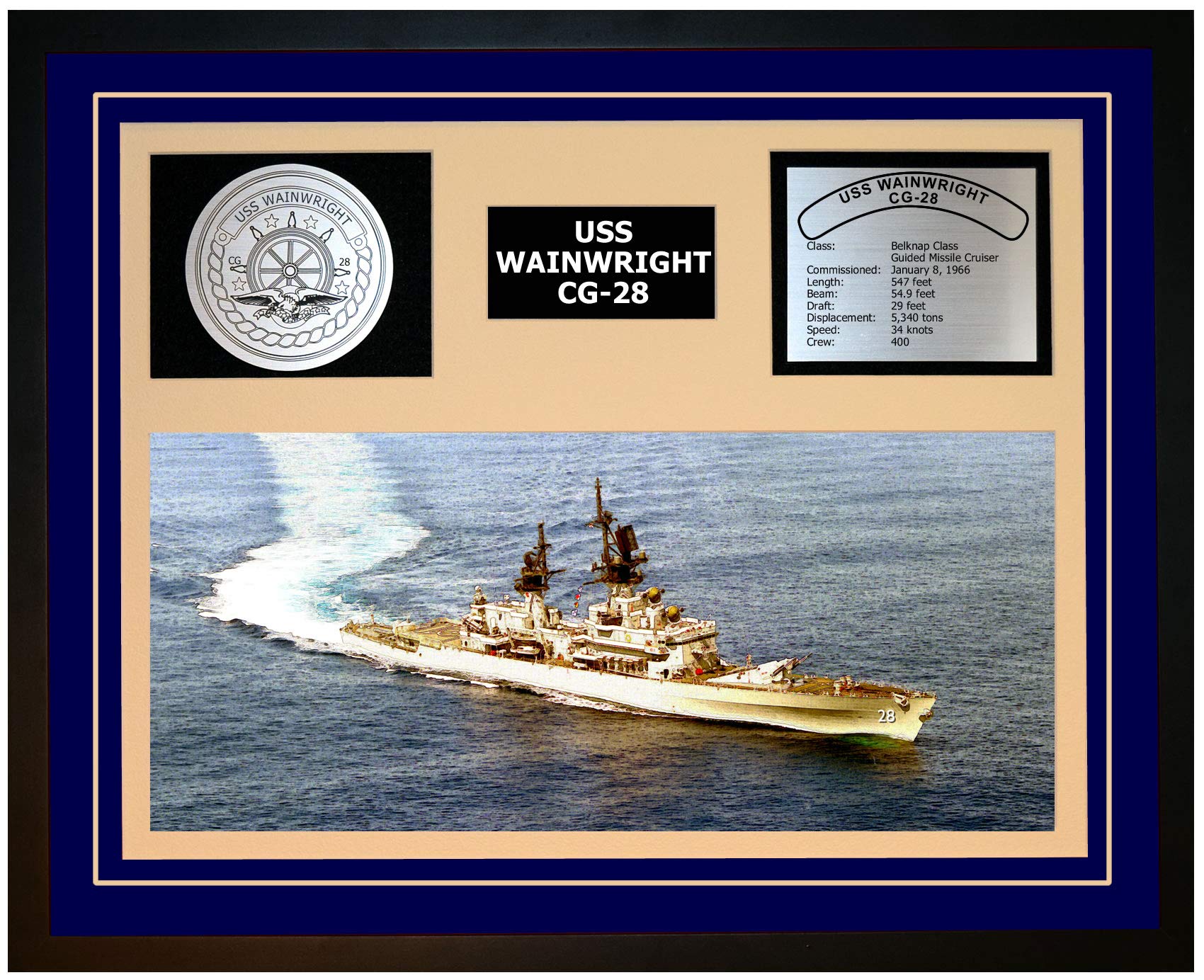 USS Wainwright CG-28 Navy Ship Model - Framed Blue Display for Home & Office Decor - Perfect for Military Collectors & Naval History Enthusiasts