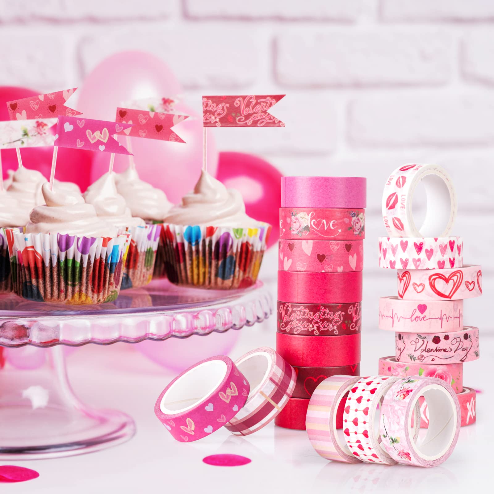 20 Rolls Pink Heart Floral Washi Tape Set - Decorative DIY Masking Tape for Kids Crafts, Bullet Journals, Scrapbooking & Stamping - Perfect for Valentine's Day, School Projects, Home Decor & Gift Wrapping