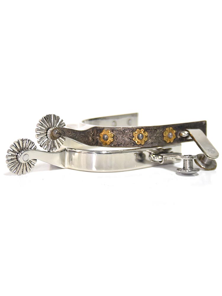 Authentic Chrome Floral Inlay Cowboy Boot Spurs - E Garcia Spurs SP2301 for Western Riding, Horseback Riding & Rodeo Performance