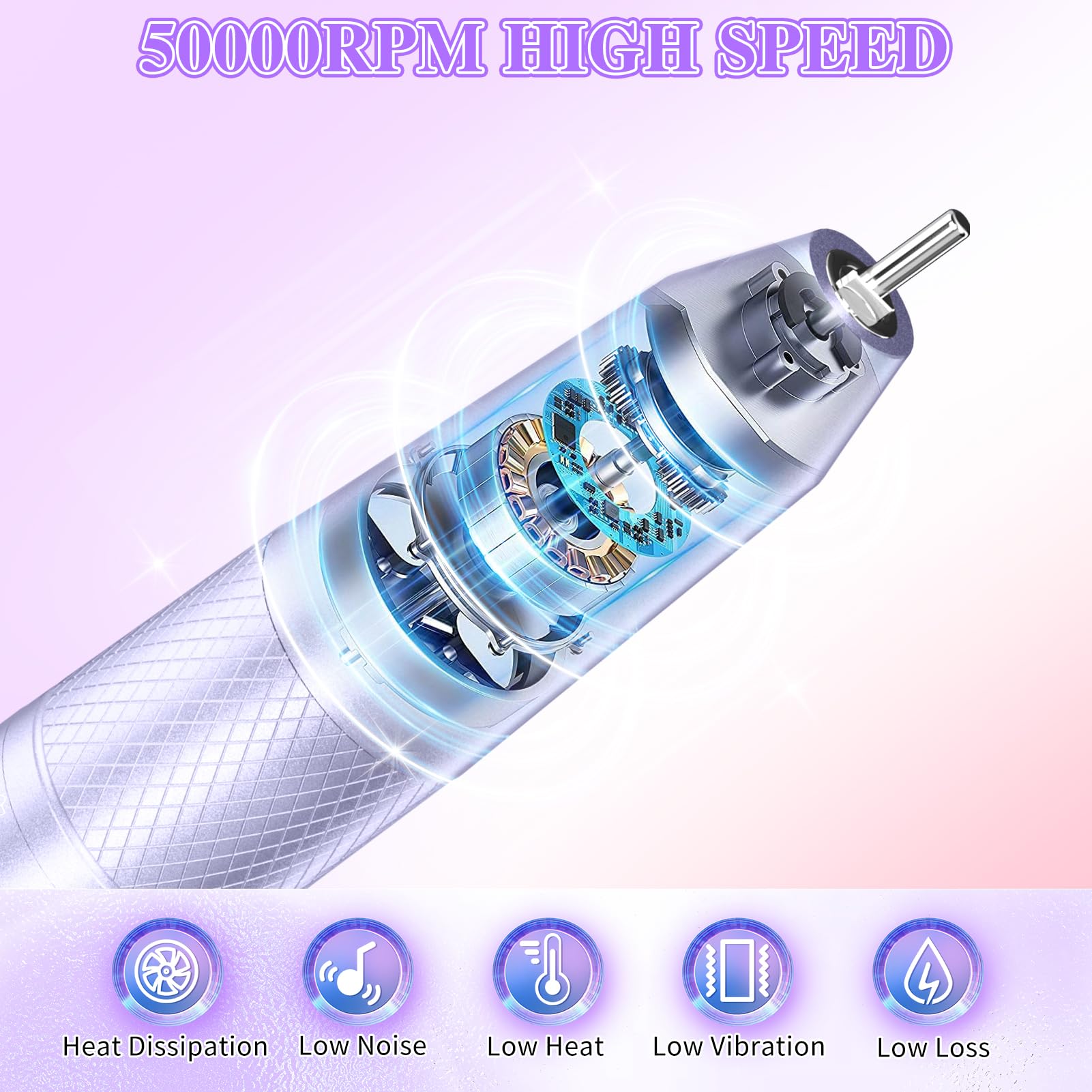 Professional Electric Nail Drill Kit - 50000RPM Portable Nail File with 6000mAh Rechargeable Battery for Acrylic & Gel Nails | Manicure Pedicure Polishing Machine for Salon & Home Use (Purple) | Perfect for DIY Nail Art & Professional Nail Care