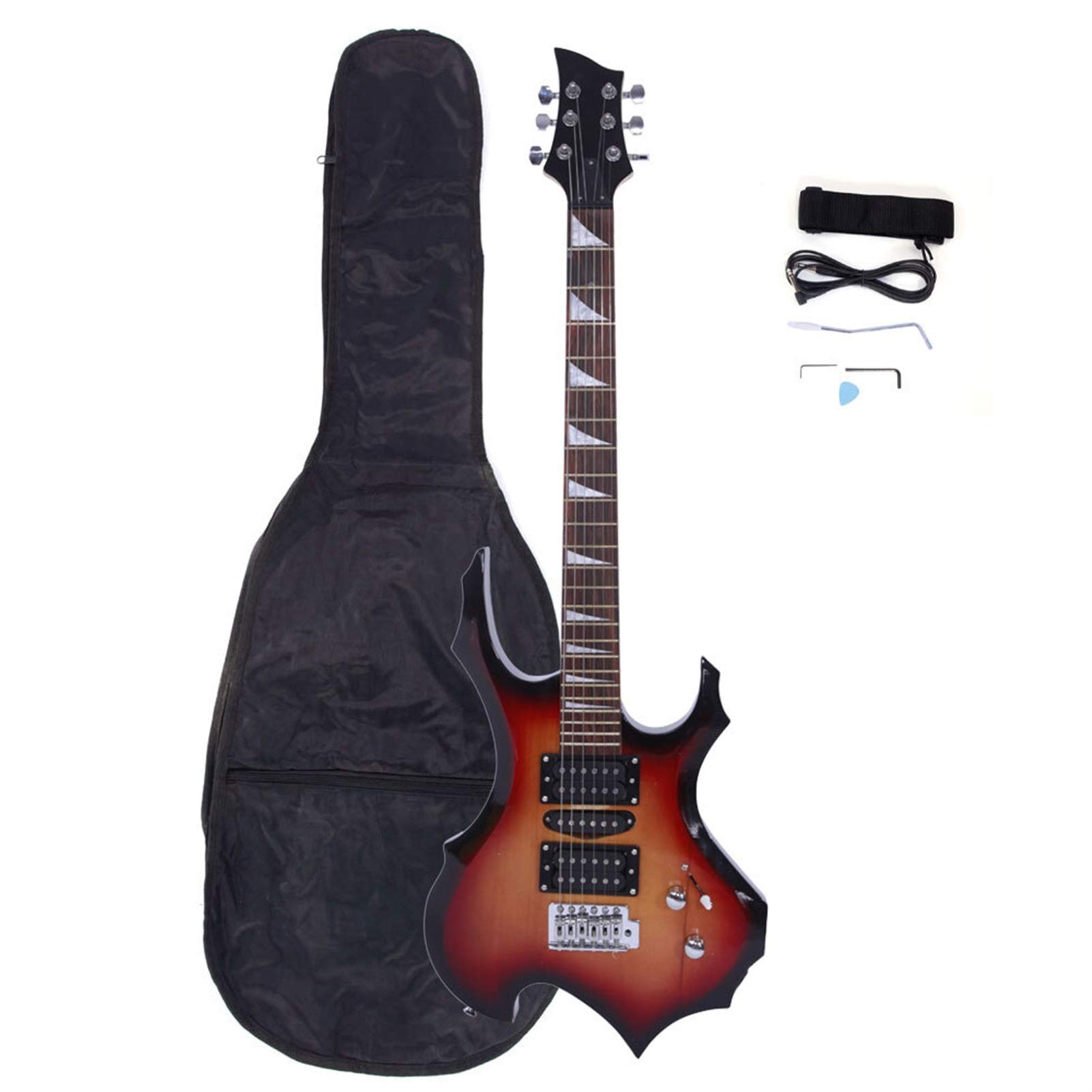 BQYQFXX Flame-Shaped Electric Guitar for Beginners with HSH Pickup, Gig Bag, Strap, Paddle, Rocker Cable & Wrench Tool - Sunset Color | Perfect for Rock, Metal & Stage Performances