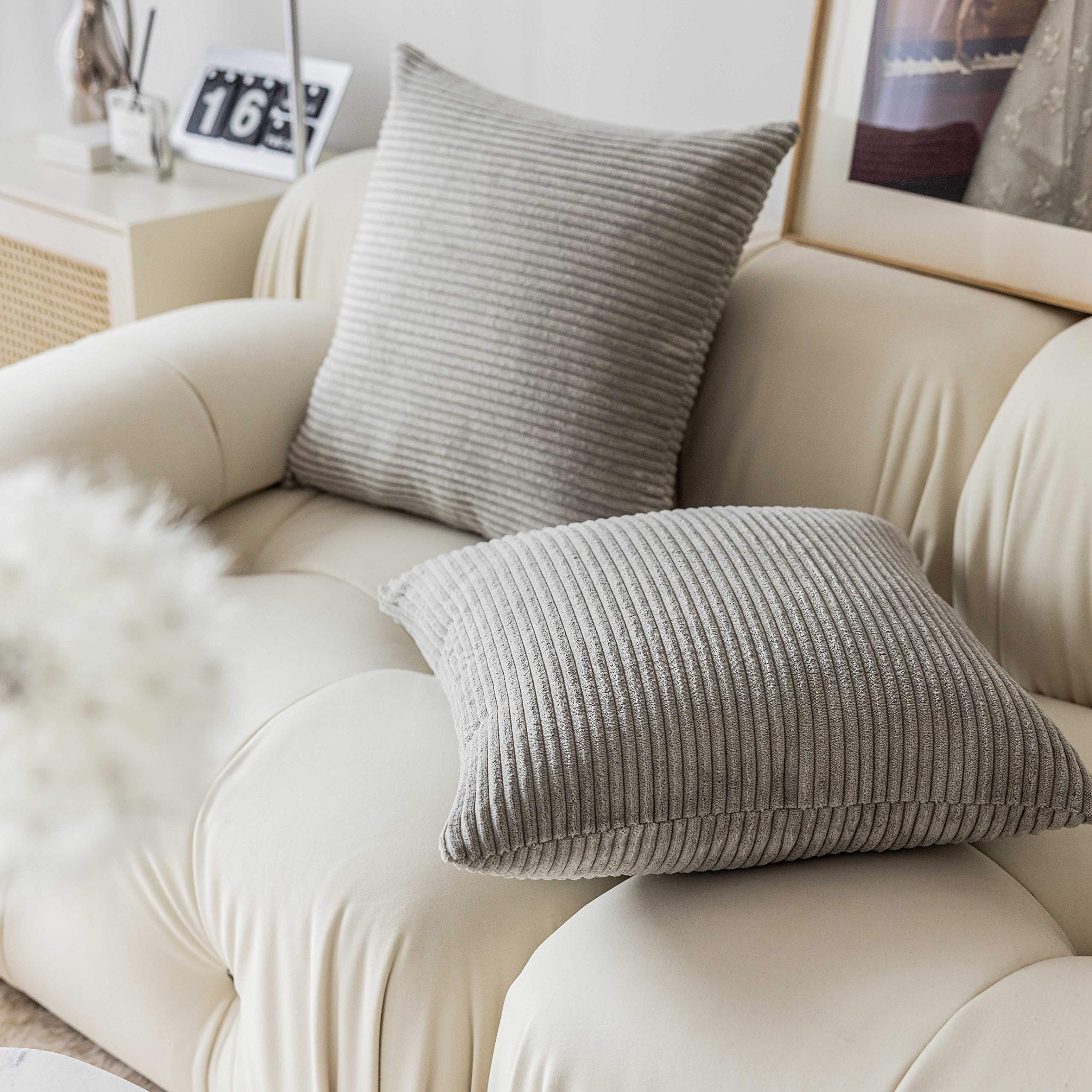 Premium Soft Corduroy Euro Sham Pillow Covers 26x26 Inch - Plush Striped Decorative Throw Pillowcases for Couch, Sofa & Bedroom - Set of 2 in Light Grey - Cozy Home Decor & Living Room Accent