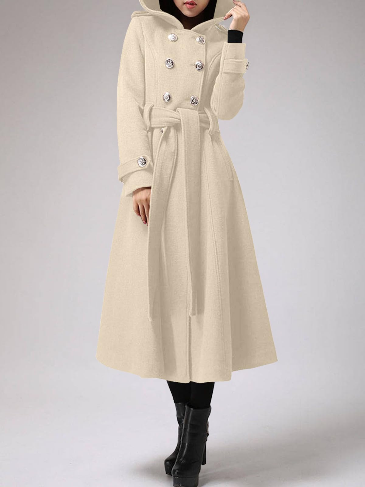 Cicy Bell Women's Long Double-Breasted Hooded Winter Coat - Warm Wool Trench Coat with Adjustable Belt for Cold Weather - Perfect for Office, Travel & Outdoor Activities