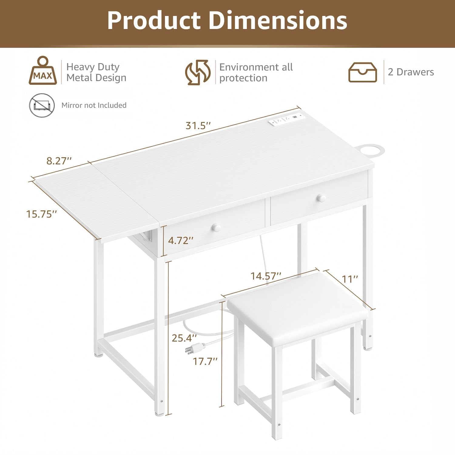 Modern White Small Makeup Vanity Desk Set with Wood Drawers & Stool - Foldable Countertop, Built-in Outlets - Perfect for Bedroom, Dressing Room & Apartment Beauty Space