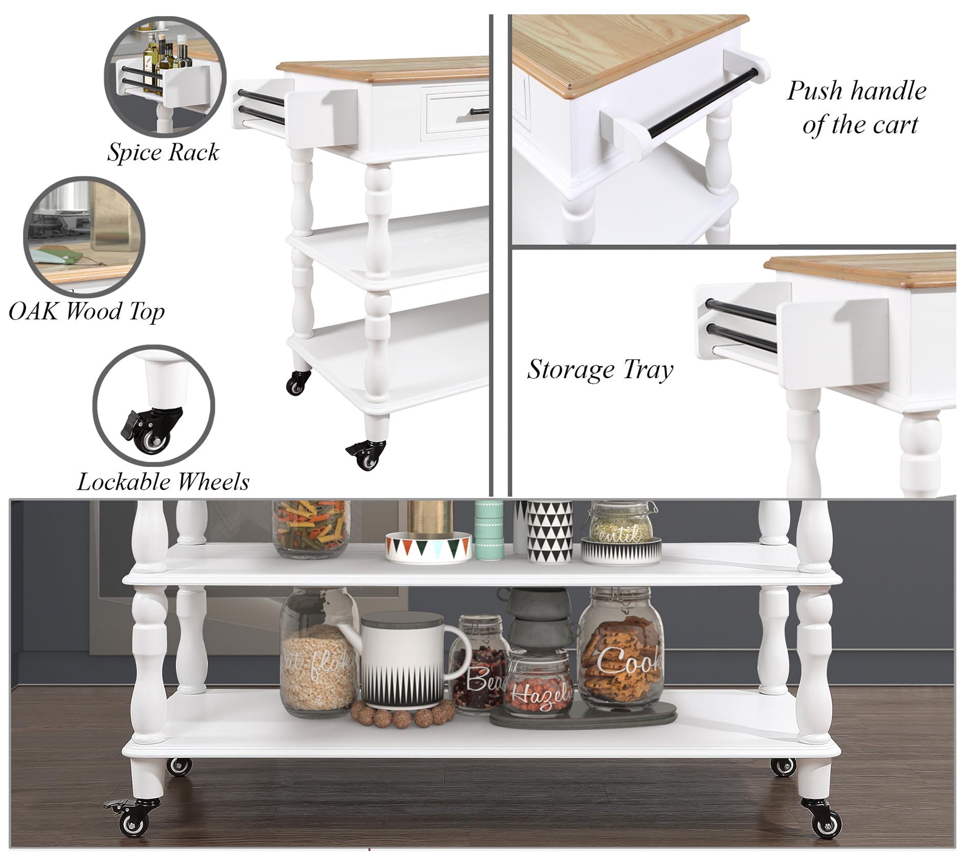 56 Inch Solid Oak Wood Kitchen Island Cart with 2 Drawers & Storage Shelves - Rolling Kitchen Cart with Wine Rack, Spice Organizer - White - Perfect for Small Kitchens, Dining Rooms & Home Bar Setup