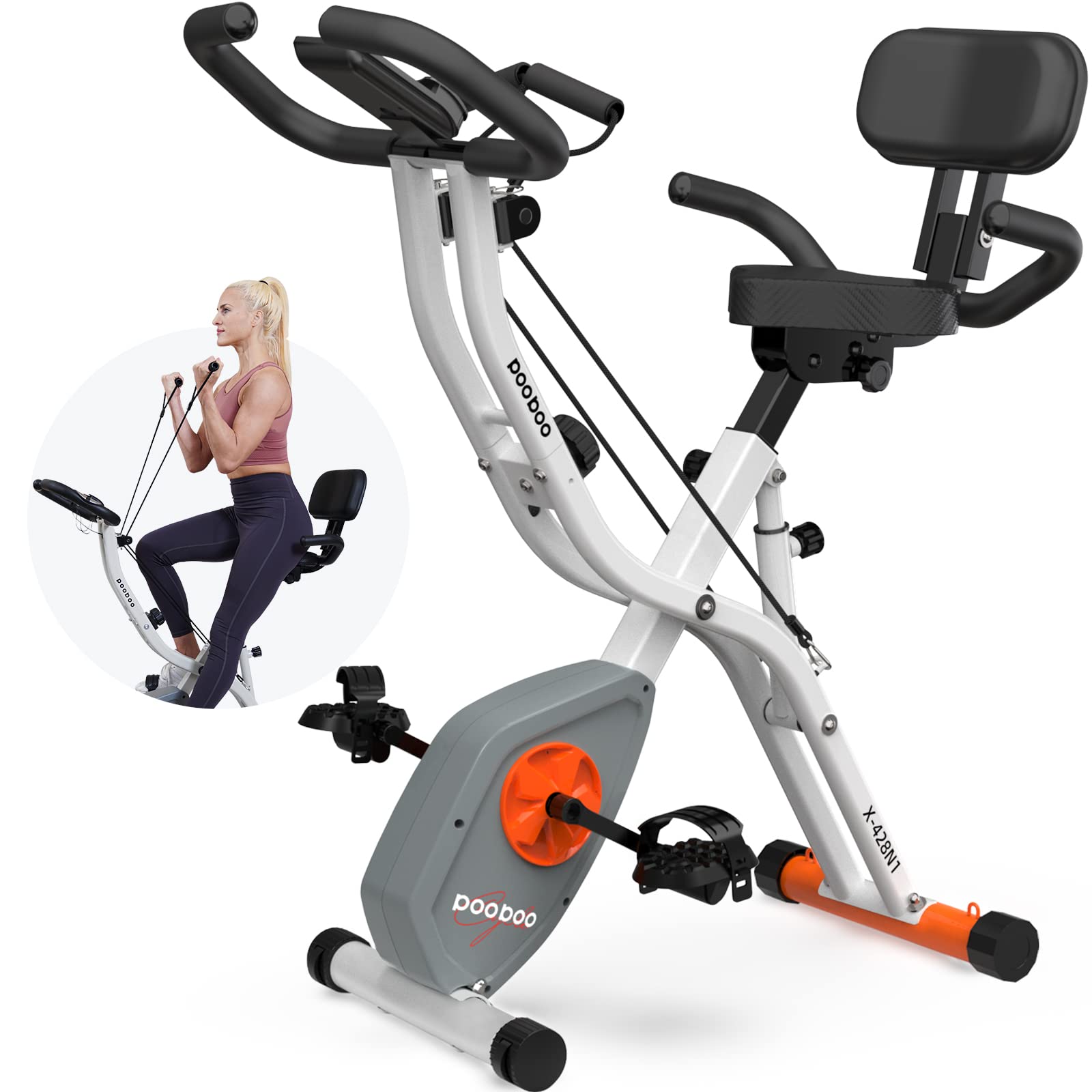 Pooboo 4-in-1 Foldable Exercise Bike - Adjustable Magnetic Resistance Indoor Cycling Bike for Home, 8-Level Upright & Recumbent Stationary Bike with Sturdy Frame & Seat Backrest | Perfect for Home Gym, Cardio Workouts & Small Spaces