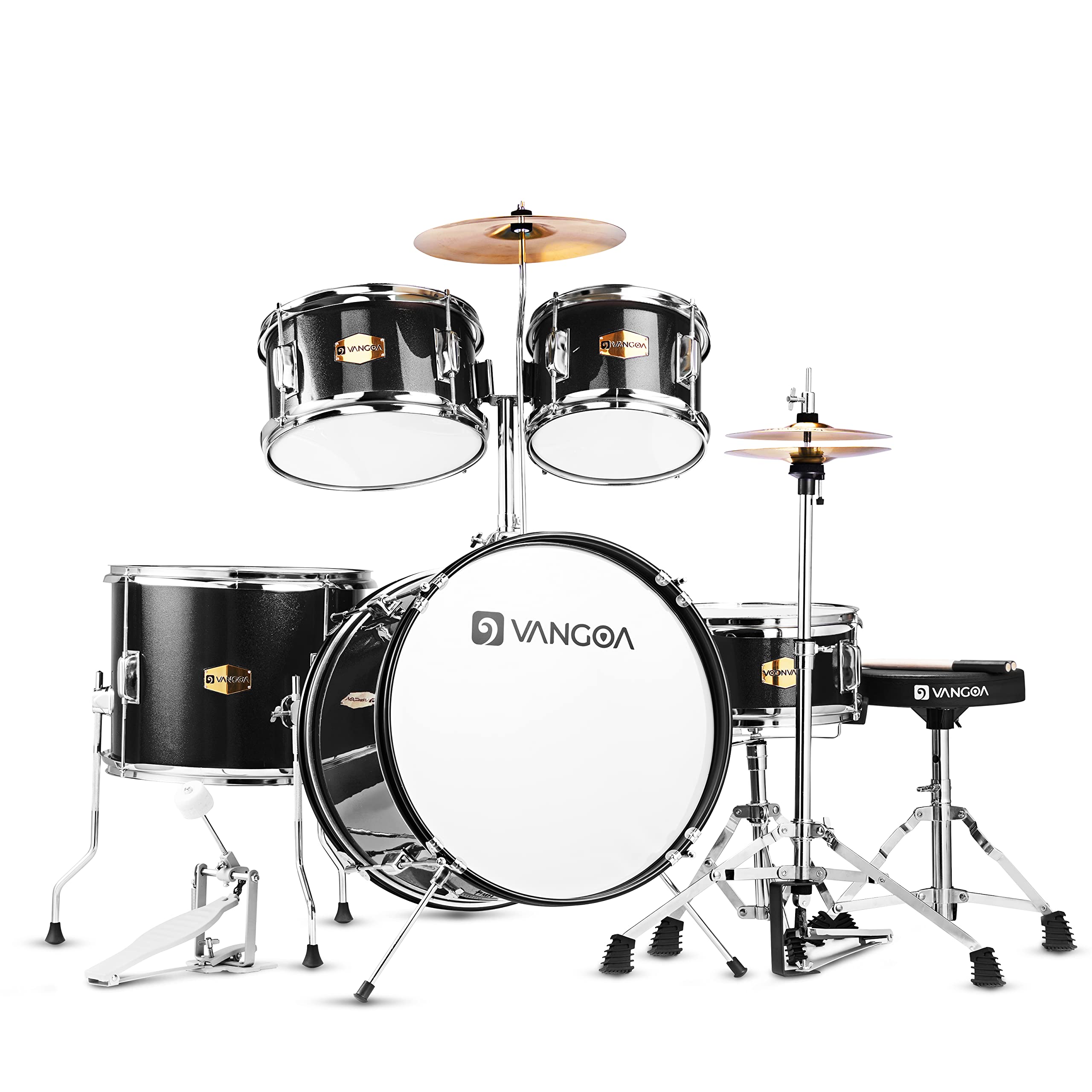 Vangoa 16 Inch Kids Drum Set - 5 Piece Beginner Drum Kit with Adjustable Throne, Cymbal, Pedal & Drumsticks for Children, Teens & Students | Perfect for Home Practice, Music Lessons & Birthday Gifts (Black)