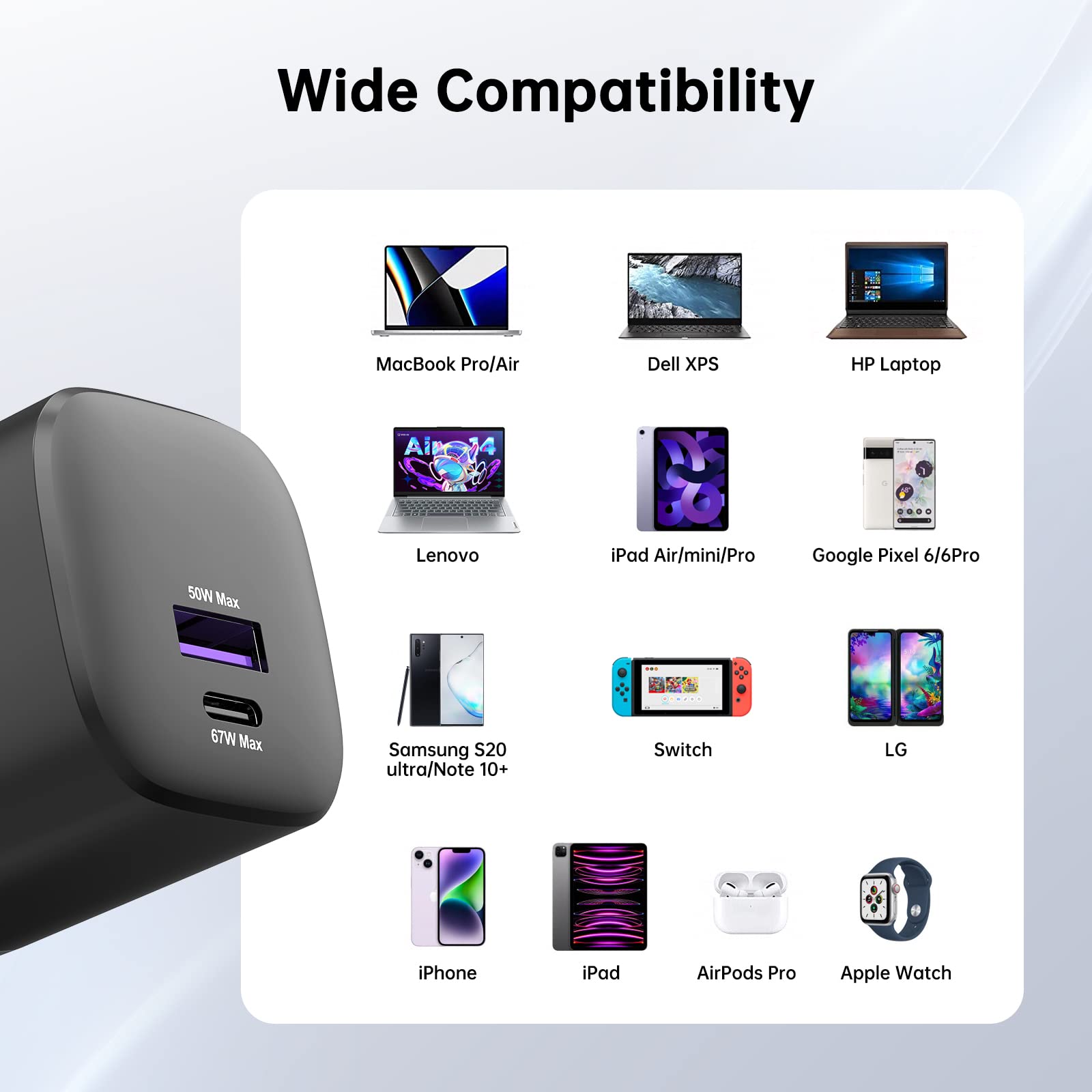 NOVOO 67W GaN Fast Charger with 2-Port USB C PD - Compact Wall Charger for MacBook Pro/Air, iPad Pro, Pixel 7, Dell XPS 13, iPhone 14, Galaxy S23 (Black) | Perfect for Travel, Office & Home Use