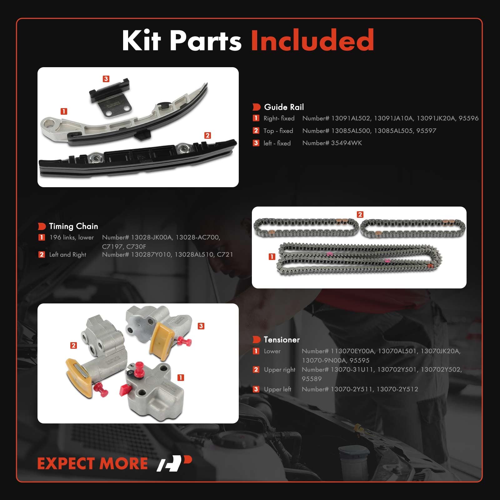 Premium Engine Timing Chain Kit with Tensioner & Guide Rail - Compatible with Nissan Murano 2003-2007, Maxima, Altima, 350Z 2003-2006, M35 & Infiniti FX35 2003-2008, G35 2003-2007, I35, M35 - Fits DOHC 6 Cylinder 3.5L Engines - Perfect for Engine Repair & Maintenance