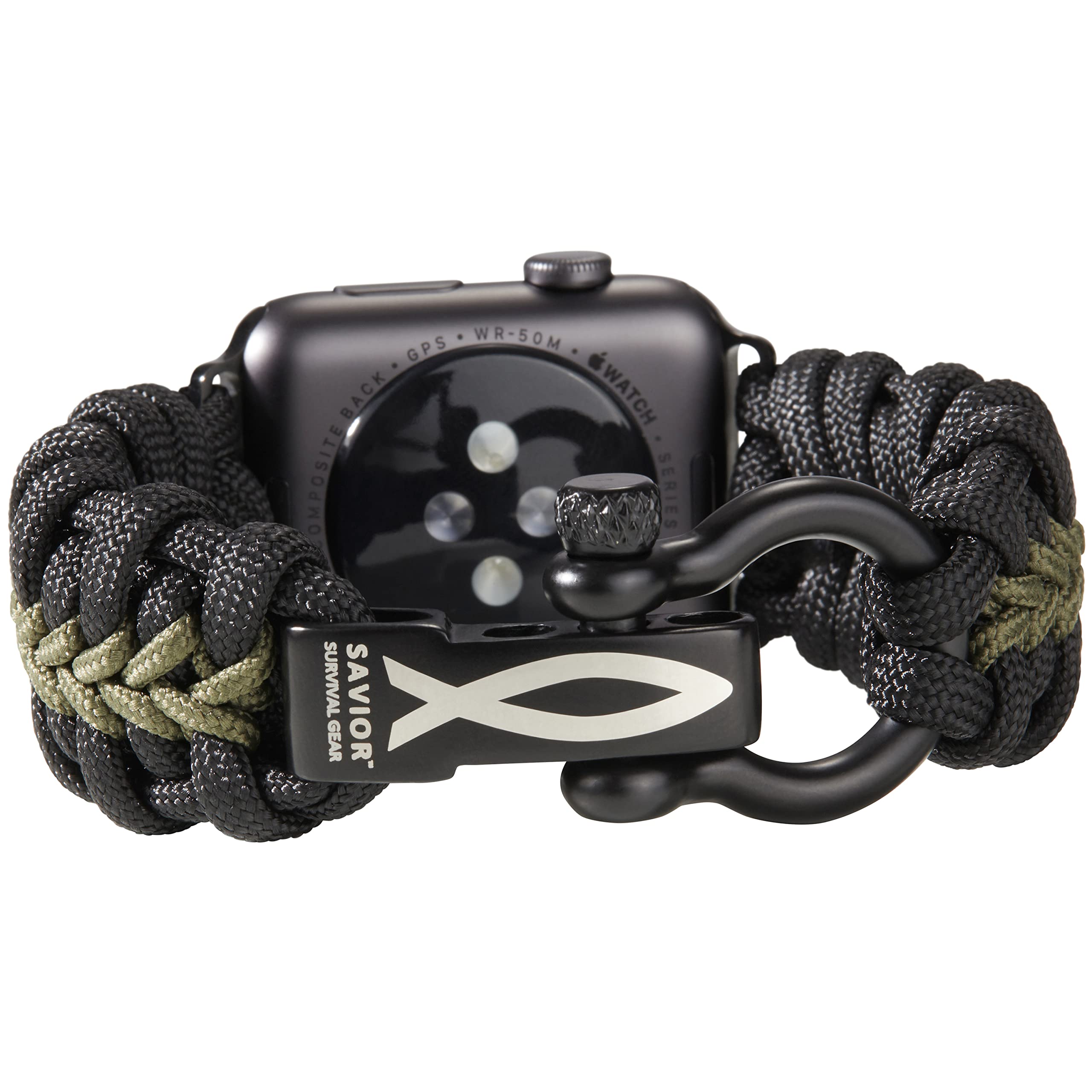 Savior Survival Gear Paracord Watch Band - Compatible with Apple Watch Series 42mm 44mm 45mm 49mm, 550 Paracord Bracelet with Stainless Steel Shackle for Men & Women (Black & Green, Large) - Perfect for Outdoor Adventures, Hiking, Camping & Emergency Survival