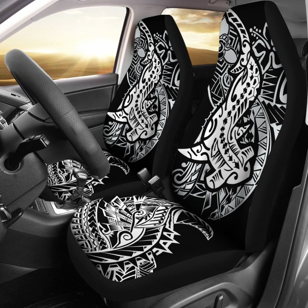 Premium Black & White Hawaiian Polynesian Shark Tattoo Design Car Seat Covers - Waterproof & Non-Slip for Trucks, SUVs, Sedans - Perfect for Beach Trips, Surfing Adventures & Tropical Themed Vehicles