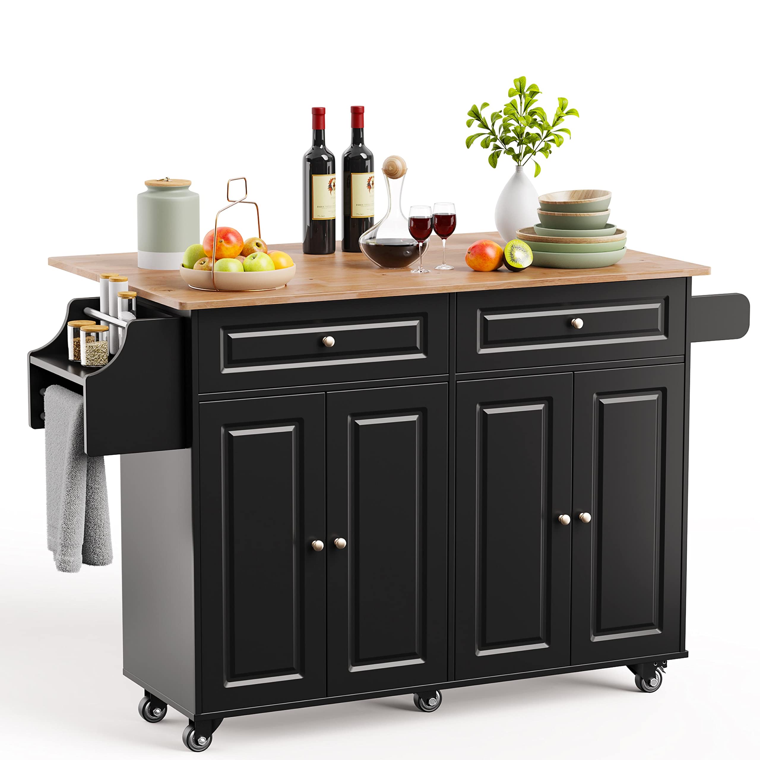 Kitchen Island with Storage & Side Rack - 5-Wheel Mobile Kitchen Cart with Durable Rubber Wood Top (Black) - Perfect for Small Kitchens, Food Prep, and Extra Counter Space