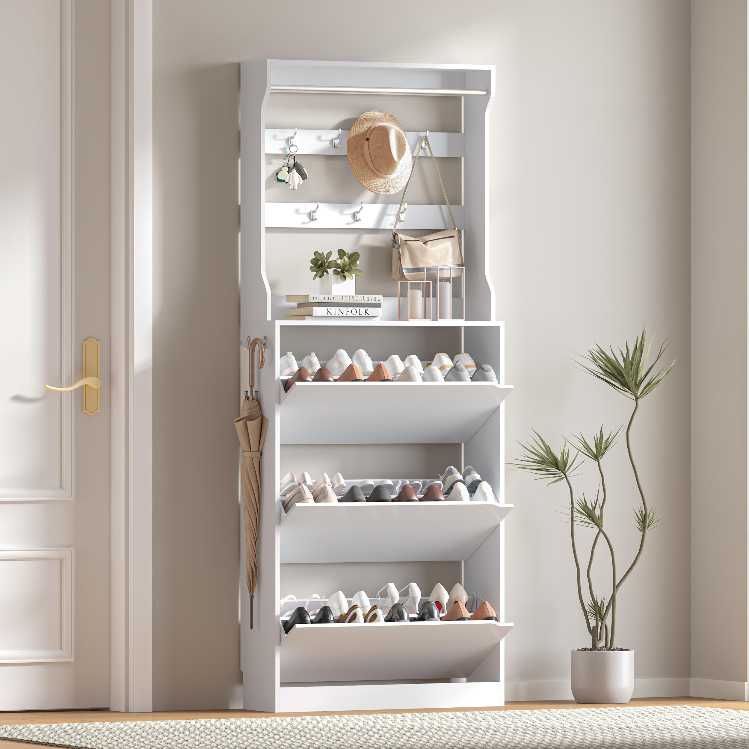 Modern White Slim Shoe Storage Cabinet with 3 Flip Drawers & Coat Rack - Freestanding Narrow Entryway Organizer for Hallway, Living Room & Bedroom - Space Saving Wooden Shoe Rack for Home Décor