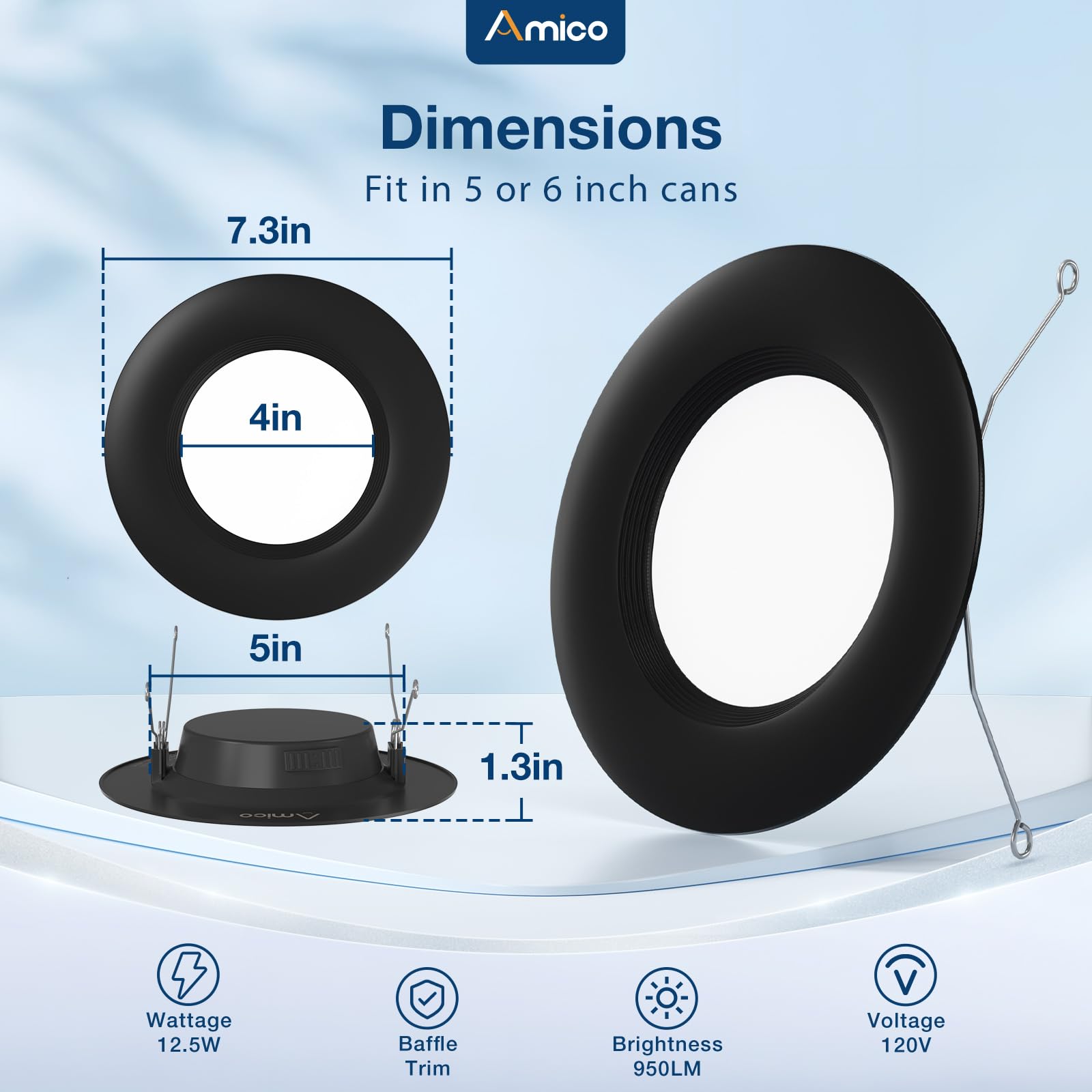 Amico 24 Pack 5/6 Inch 5CCT Dimmable LED Recessed Lights - 12.5W (100W Equivalent), 950LM, Selectable Color Temperature (2700K-6000K), IC Rated with Baffle Trim - ETL & FCC Certified - Perfect for Living Rooms, Kitchens, and Commercial Spaces