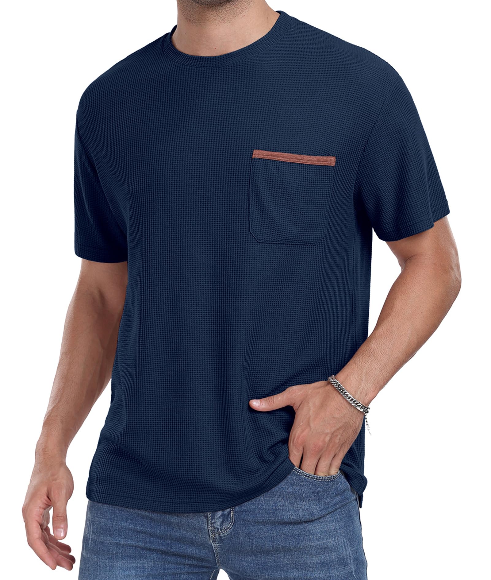 Men's Casual Short Sleeve Crew Neck T-Shirt - Soft Summer Tee with Waffle Texture & Pocket - Perfect for Beach, Travel & Everyday Wear