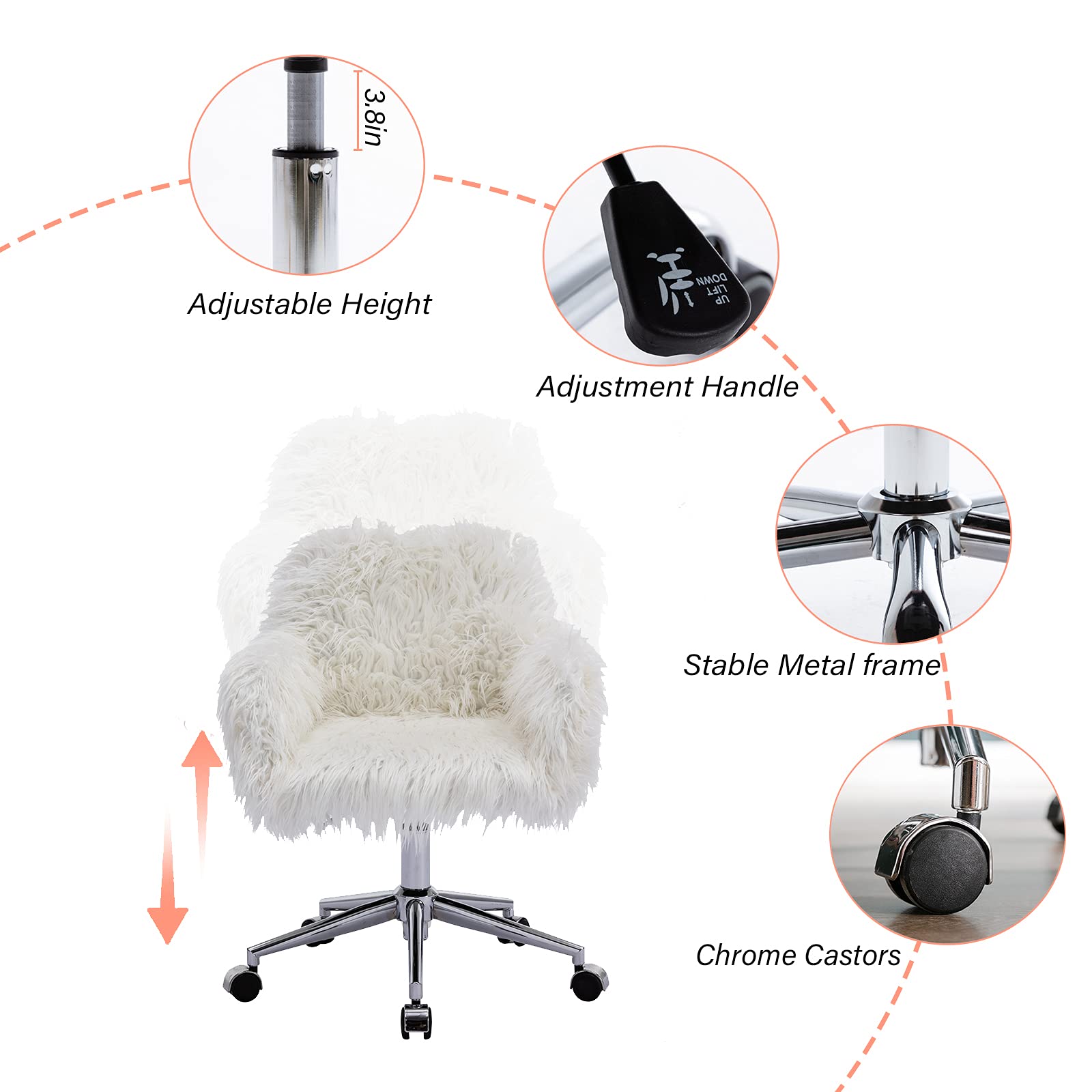 Premium Faux Fur Swivel Makeup Stool with Wheels - Adjustable Cute Task Chair with Arms for Home Office, Bedroom, Vanity & Reading - Soft White Ergonomic Desk Chair for Women & Teens (Perfect for Makeup, Studying & Relaxing)