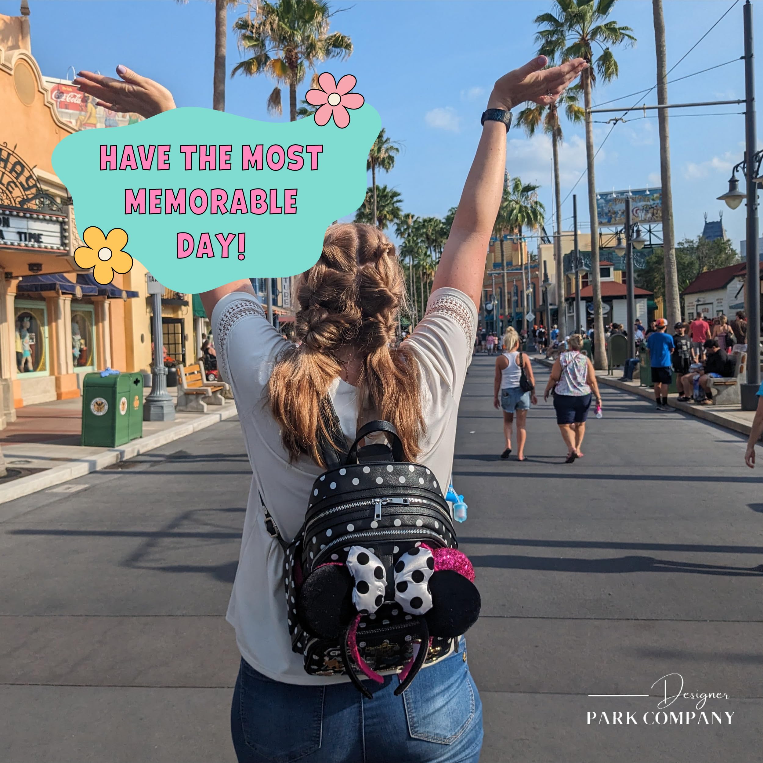 Designer Park Company - Stylish Leather Rope Drop Backpack for Women | Adjustable Straps, Hydration Kit & Locking Pins | Perfect for Theme Parks, Travel & Everyday Use - Minnie Dot Pattern