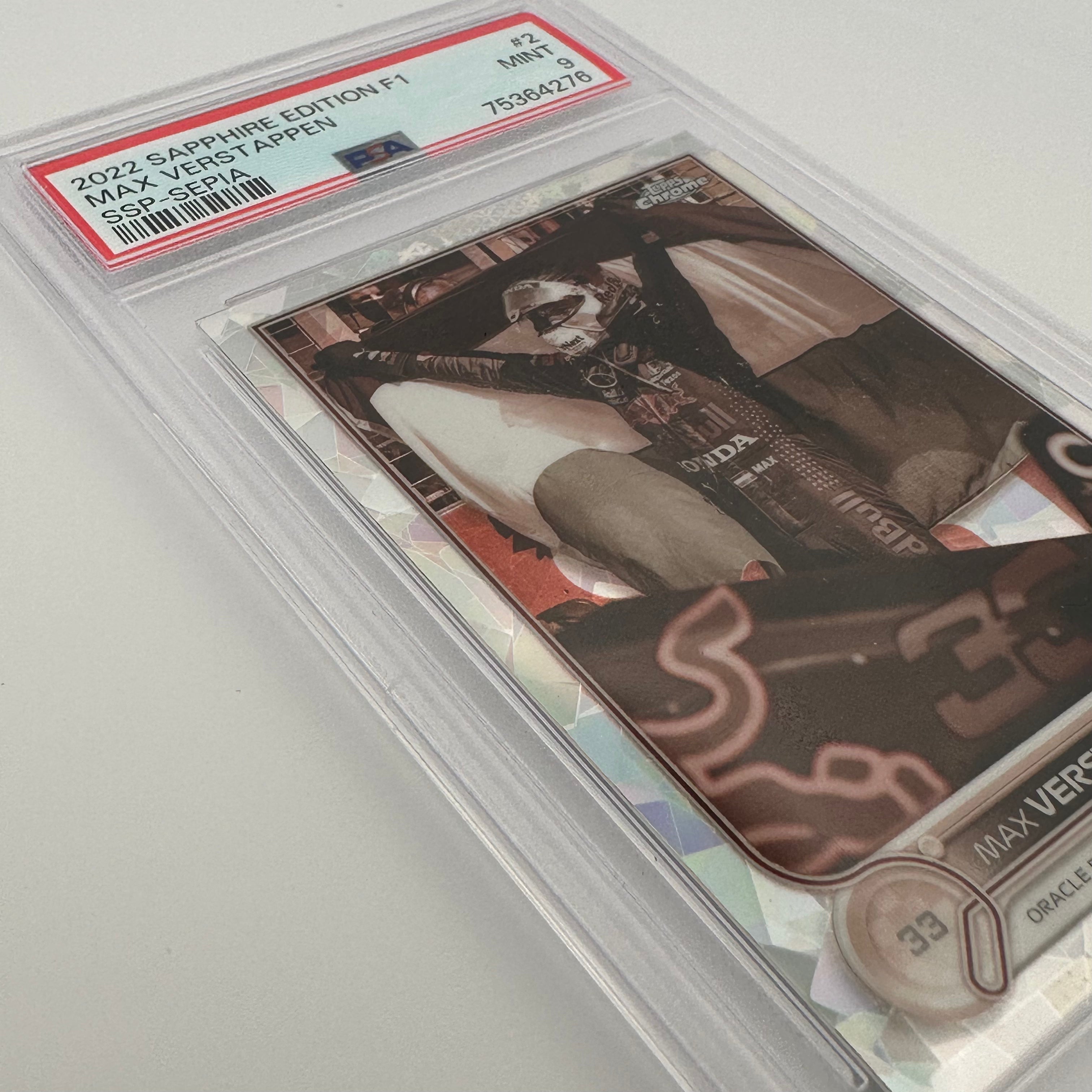 PSA 9 Graded /100 SAPPHIRE EDITION 2 MAX VERSTAPPEN SSP SEPIA Trading Card - Rare Collectible for Sports Memorabilia & Racing Fans
