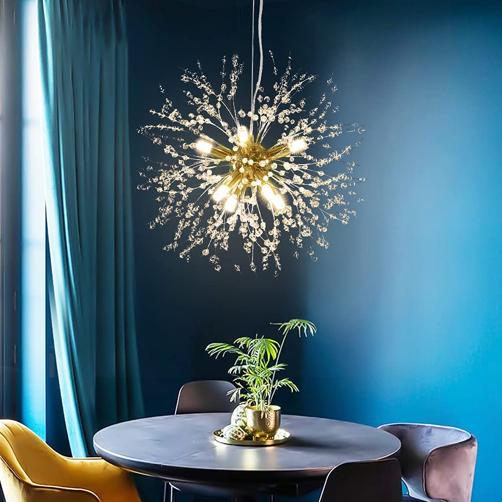 Qamra Modern Gold Crystal Chandelier - Firework Dandelion Sputnik Pendant Light Fixture for Living Room, Dining Room, Bedroom, Kitchen (8-Light, Gold) | Elegant Ceiling Lighting for Home Decor, Wedding Venues & Luxury Hotels