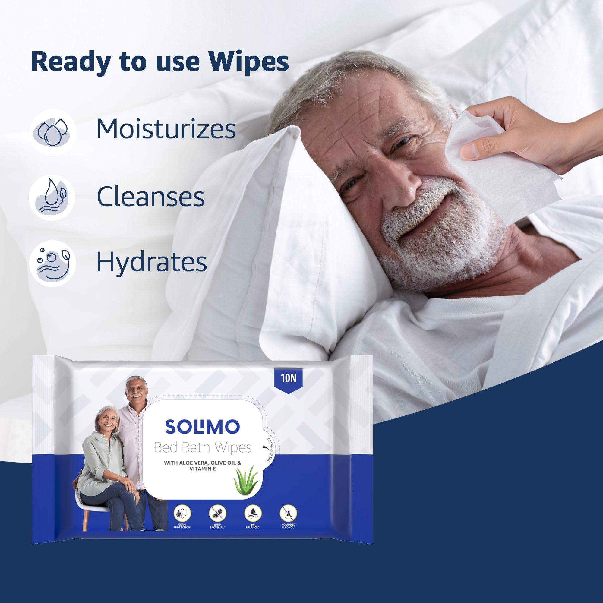 Solimo Adult Bed Bath Wipes - 100 Count (10 Packs x 10 Wipes) with Aloe Vera, Olive Oil & Vitamin E | Germ Protection, pH Balanced | Alcohol & Paraben Free | Ideal for Elderly Care, Post-Surgery Hygiene & Travel Convenience