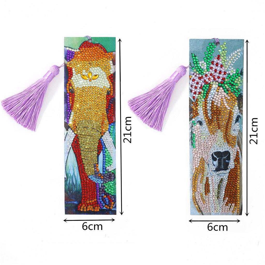 5D Diamond Painting Bookmarks Kit - DIY Rhinestone Mosaic Leather Tassel Bookmarks for Adults & Kids (Elephant & Cow Design) | Creative Handmade Gift for Book Lovers, Reading Accessories, Party Favors