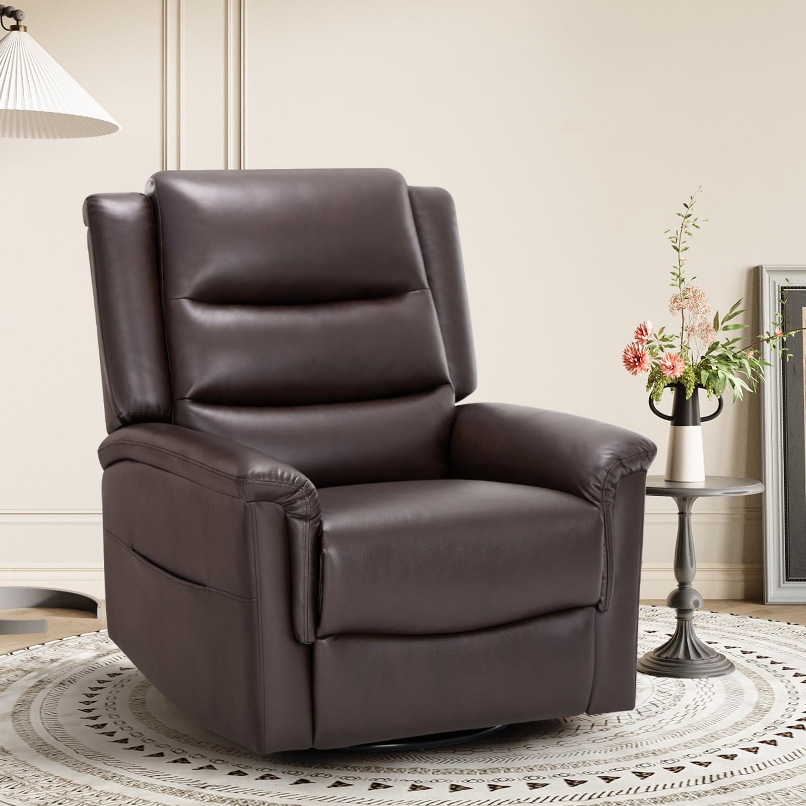 COLAMY Oversized Leather Recliner Chair - 360° Swivel Rocking Manual Recliner with Thick Cushion & Wide Seat - Dark Brown - Perfect for Living Room, Home Theater & Office Relaxation