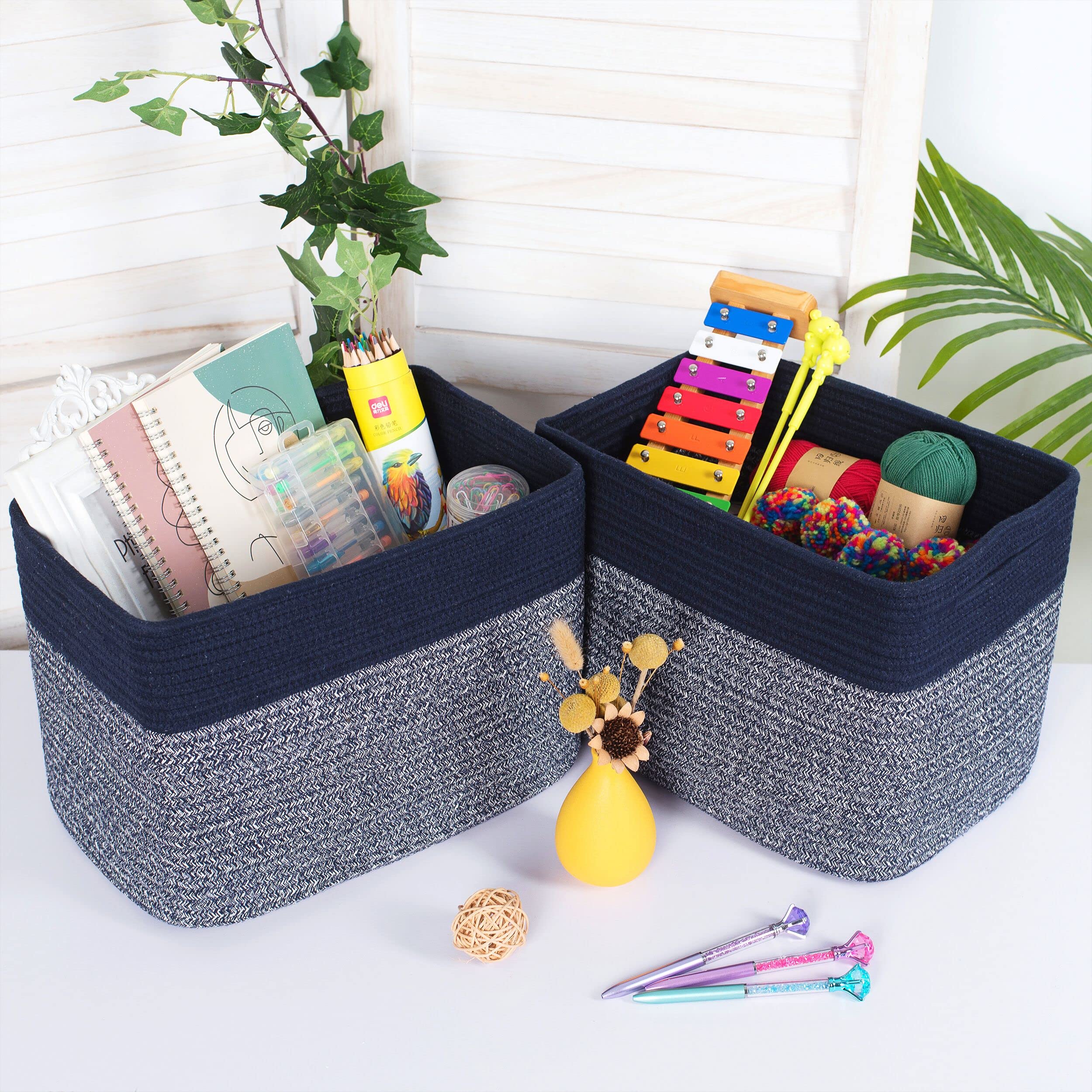 MINTWOOD Woven Storage Basket for Shelves - Navy Blue Decorative Organizer Bin for Books, Shoes, Pantry & Closet | Perfect for Home, Office & Nursery Organization