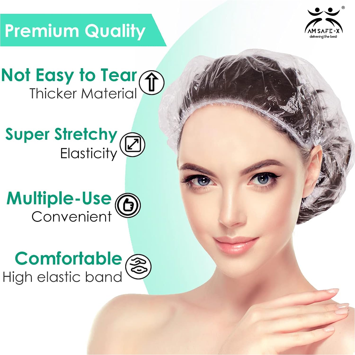 AM Safe X Shower Cap (Pack of 50) - Reusable Waterproof Bath Caps for Men & Women | Free Size Hair Protection for Home, Hotel, Spa & Salon Use | Travel-Friendly Shower Accessories | Perfect for Swimming, Gym & Daily Hair Care