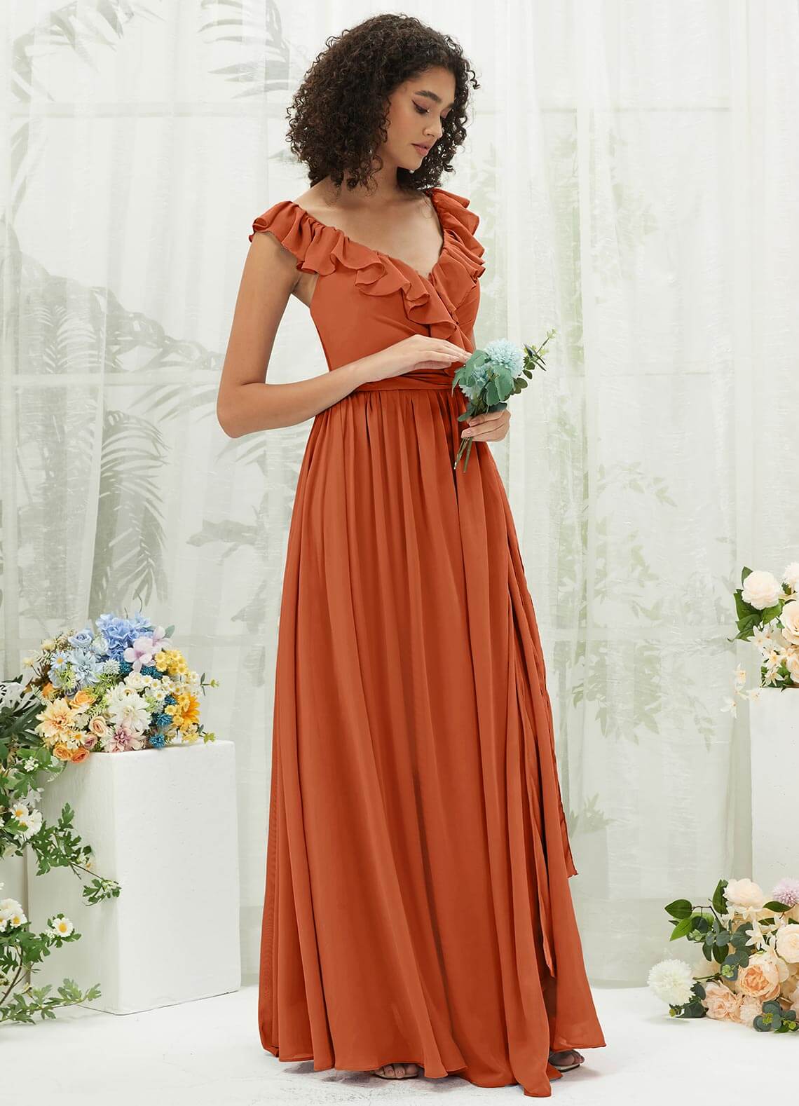 Elegant Burnt Orange Chiffon Bridesmaid Dress with Ruffle Detail & Cross Straps - Perfect for Weddings, Formal Events & Special Occasions