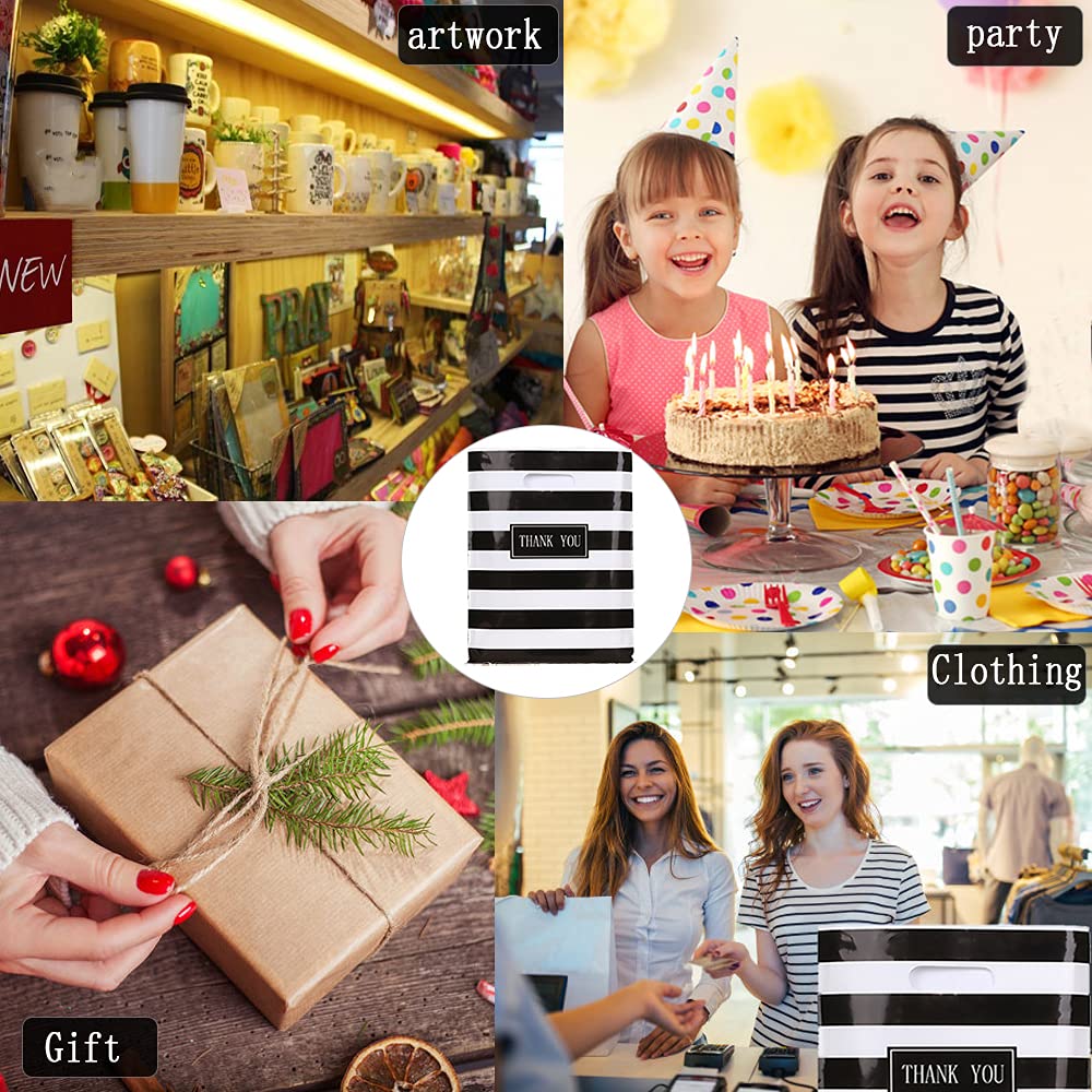 Daarcin 100pcs 12x16in Black and White Striped Plastic Shopping Bags with Handles - Reusable Retail Merchandise Bags for Boutique, Party Favors, Goodie Bags, Clothing Stores & Business Use | Perfect for Gift Packaging, Retail Shopping & Event Giveaways