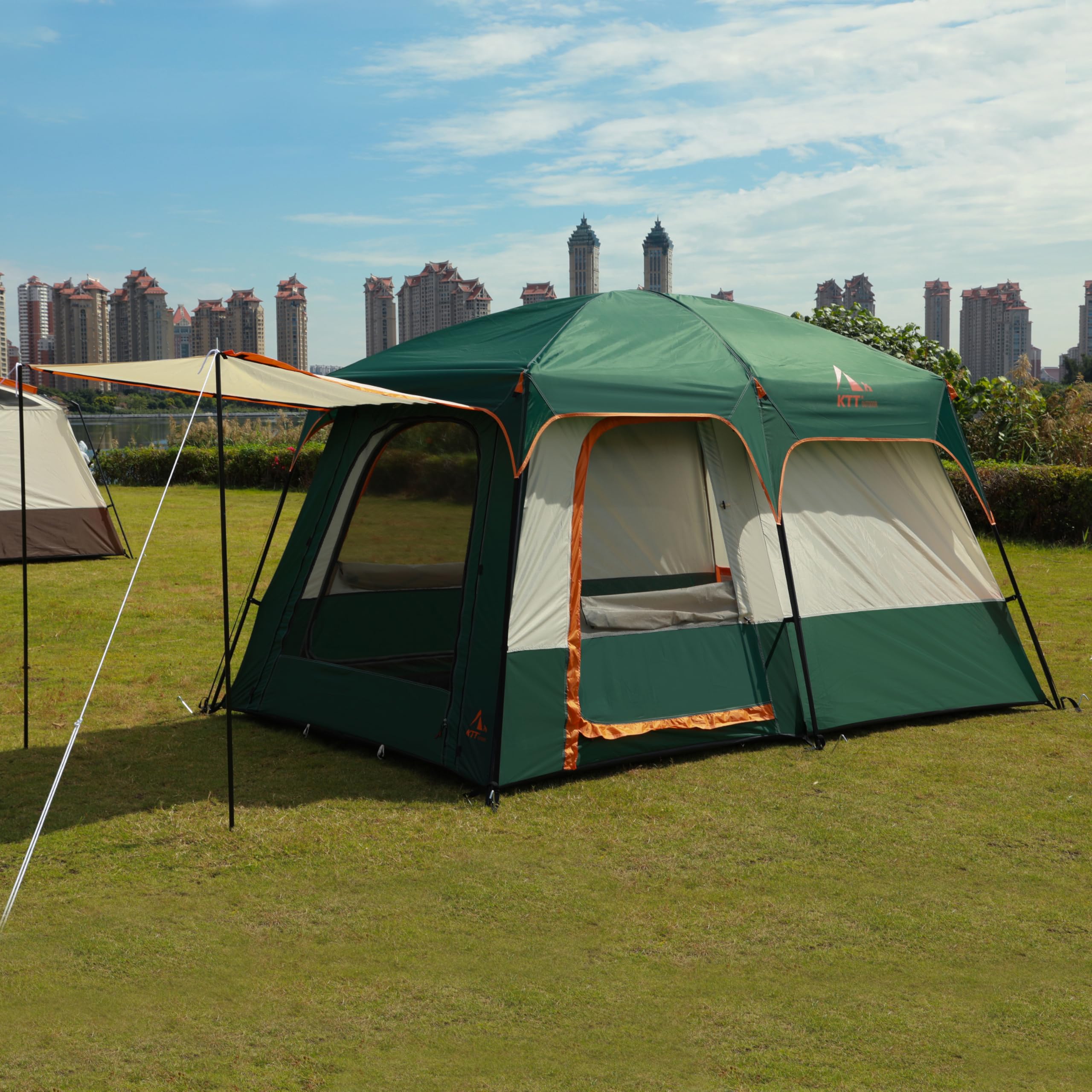 KTT Large Family Cabin Tent for 6-8 People - Waterproof Straight Wall Design with 3 Doors & 3 Mesh Windows - Spacious Outdoor Camping Tent for Picnics, Family Gatherings & Friends Trips - Perfect for Backyard, Beach & National Park Adventures