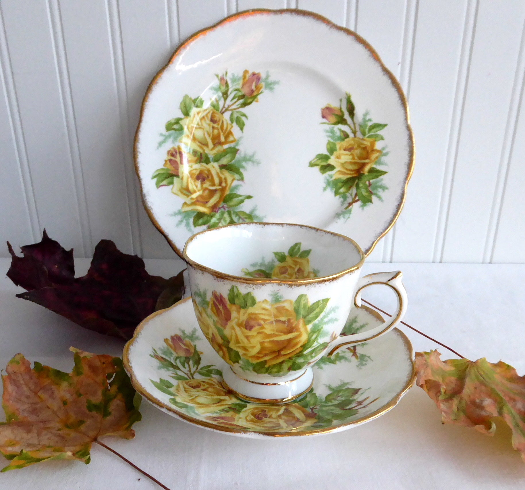 Vintage Royal Albert Tea Rose Trio Set - Yellow Roses English Bone China Teacups (1940s) | Elegant Afternoon Tea, Bridal Shower, Collectible Display