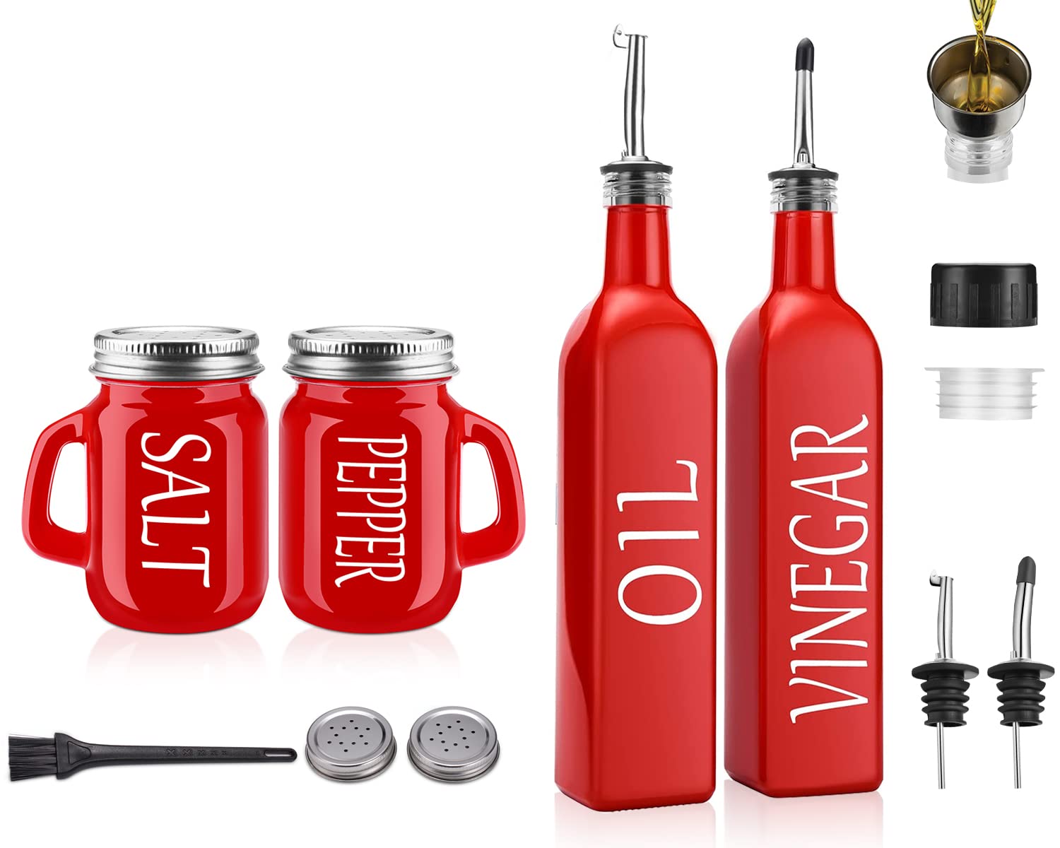 Best Red Kitchen Decor and Accessories Set - Red Salt & Pepper Shakers & Oil Vinegar Dispenser - Perfect for Dining Room, Restaurant & Home Decor Gifts