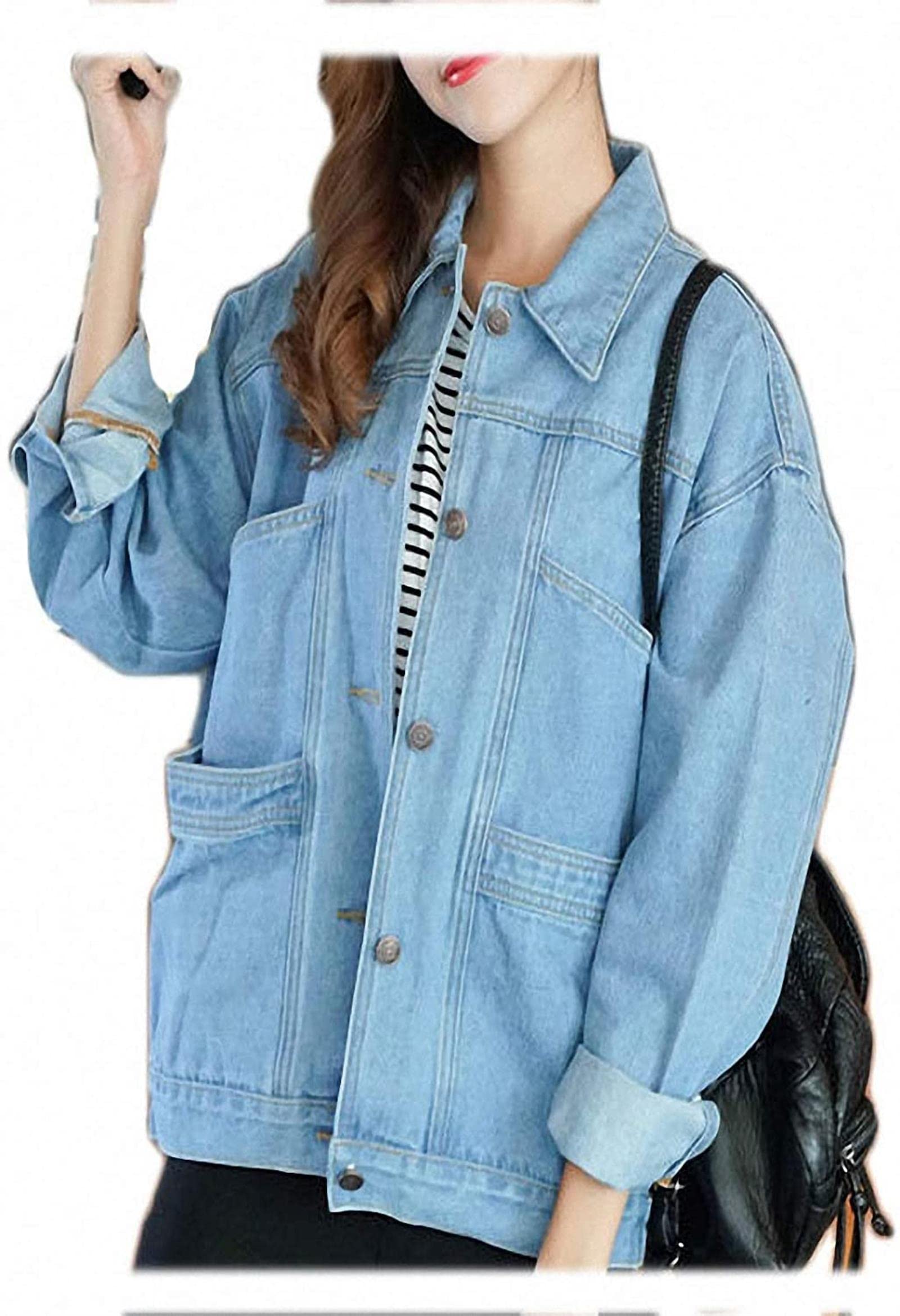 Women's Denim Jacket - Solid Blue Casual Jean Coat for Spring & Autumn | Stylish Outerwear for Everyday Wear, Layering & Outdoor Activities