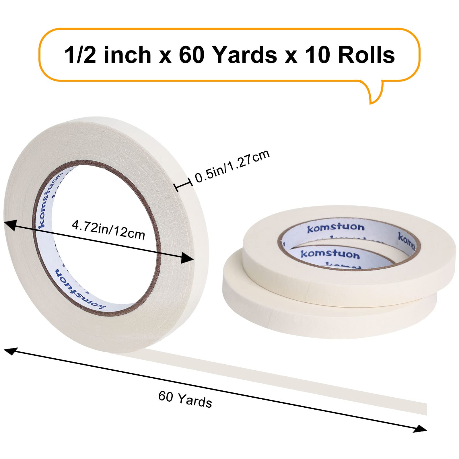 1/2 Inch x 60 Yards White Masking Tape - 10 Rolls, No Residue Painters Tape for Painting, Labeling & DIY Projects | Arts & Crafts, School Stationery, Home Decoration & Office Use