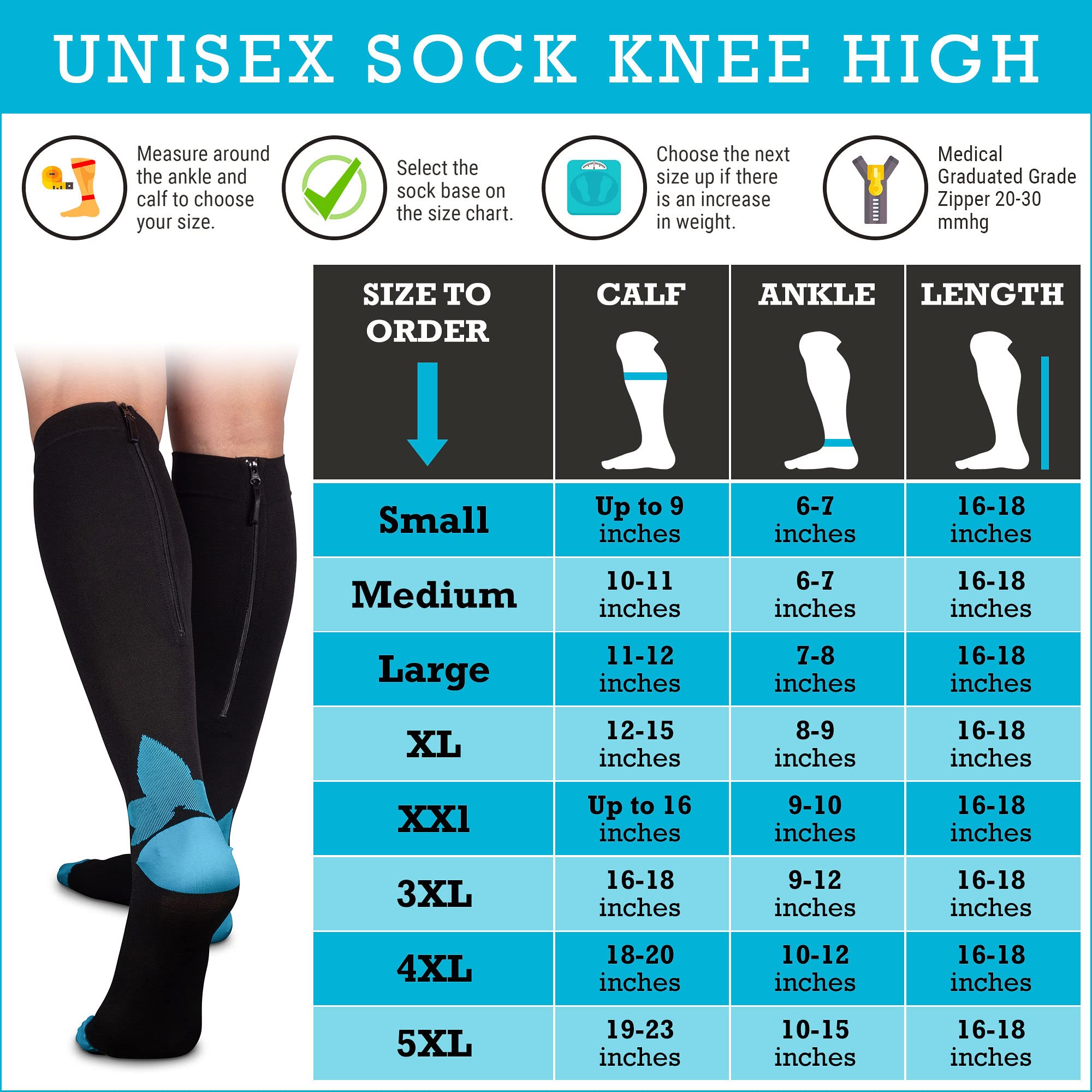 20-30mmHg Graduated Compression Knee High Socks with Zipper for Men & Women - Ideal for Travel, Running & Varicose Vein Relief