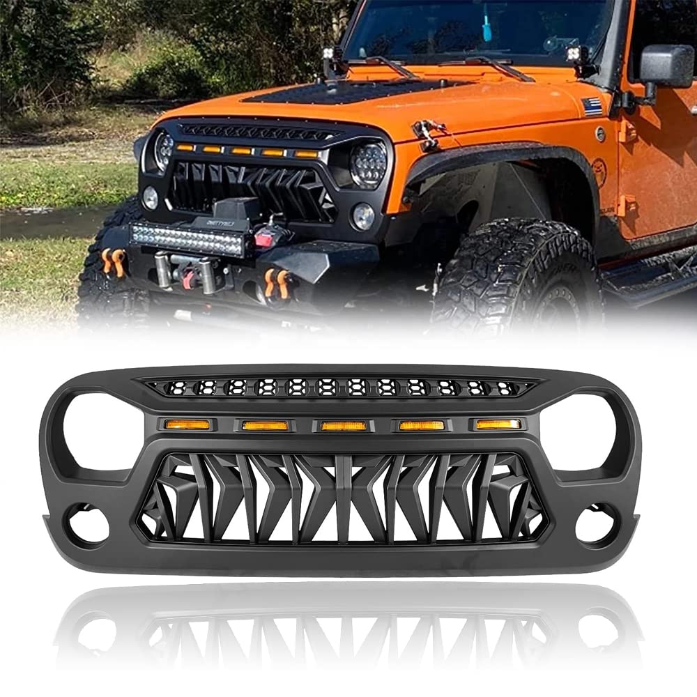 Shark Front Grill Mesh Grille Cover Matte Black for Jeep Wrangler JK JKU Unlimited Rubicon Sahara Sport (2007-2018) with Amber LED Running Lights & Mesh Inserts | Off-Road Protection & Stylish Upgrade